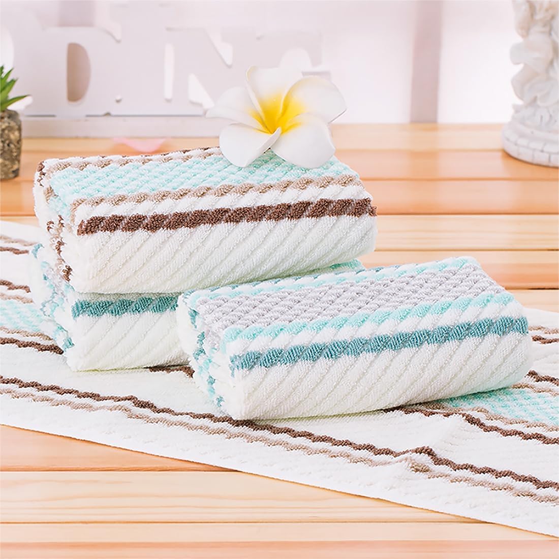 Pidada Hand Towels Set of 4 Striped Pattern 100% Cotton Soft Absorbent Decorative Towel for Bathroom (Green) - Image 2
