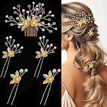 MAYCREATE® 5Pcs Wedding Hair Pins Bridal Hair Accessories, Golden Pearl Floral Hair Comb Pins, Luxury Golden Alloy Bun and Braid Hair Charm Pins