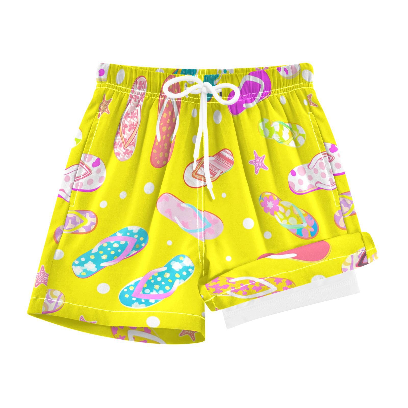 YANENDIE Boy Swim Trunks with Compression Liner Flip-Flops Polka Dots Boys Swim Shorts Quick Dry Beach Shorts