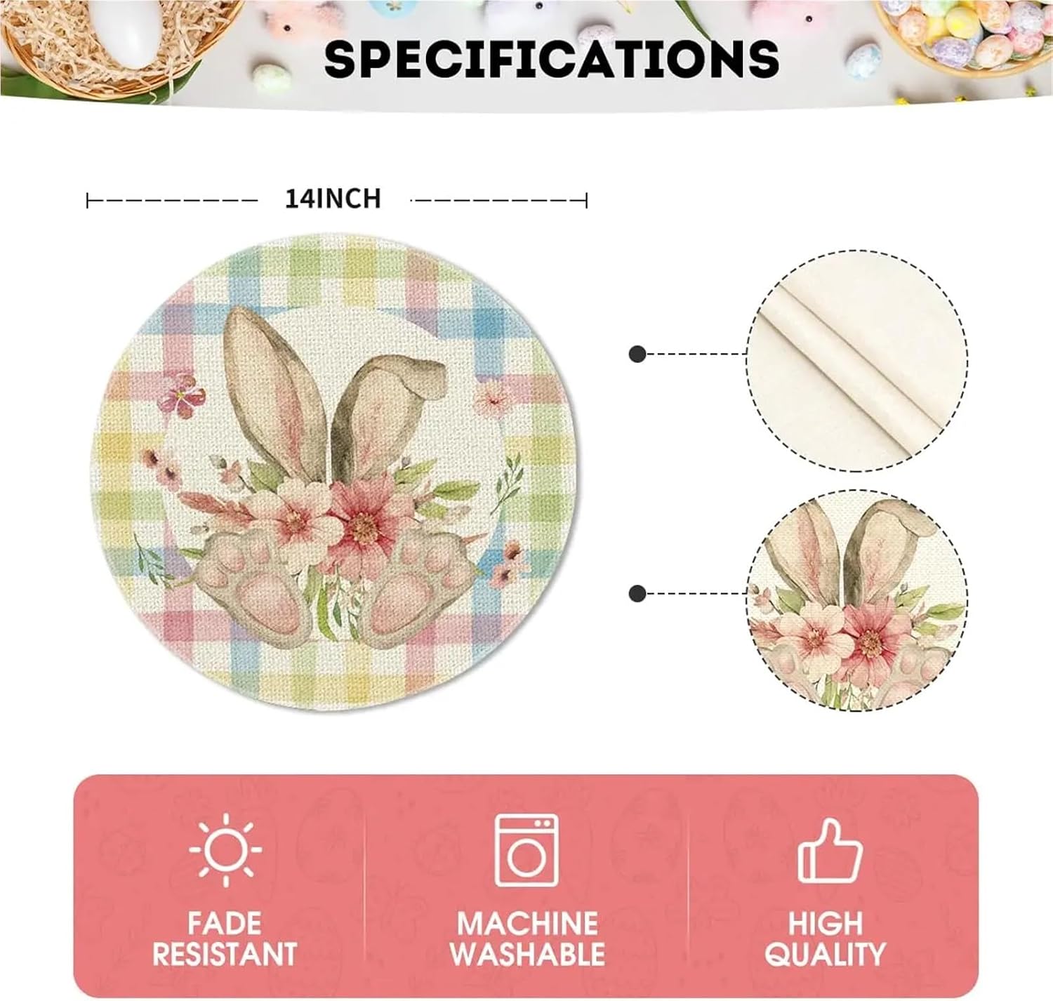 Easter Round Placemats Set of 4, 14 Inch Colored Bunny Flowers Spring Round Table Mats for Easter Party Dining Decoration(3p)