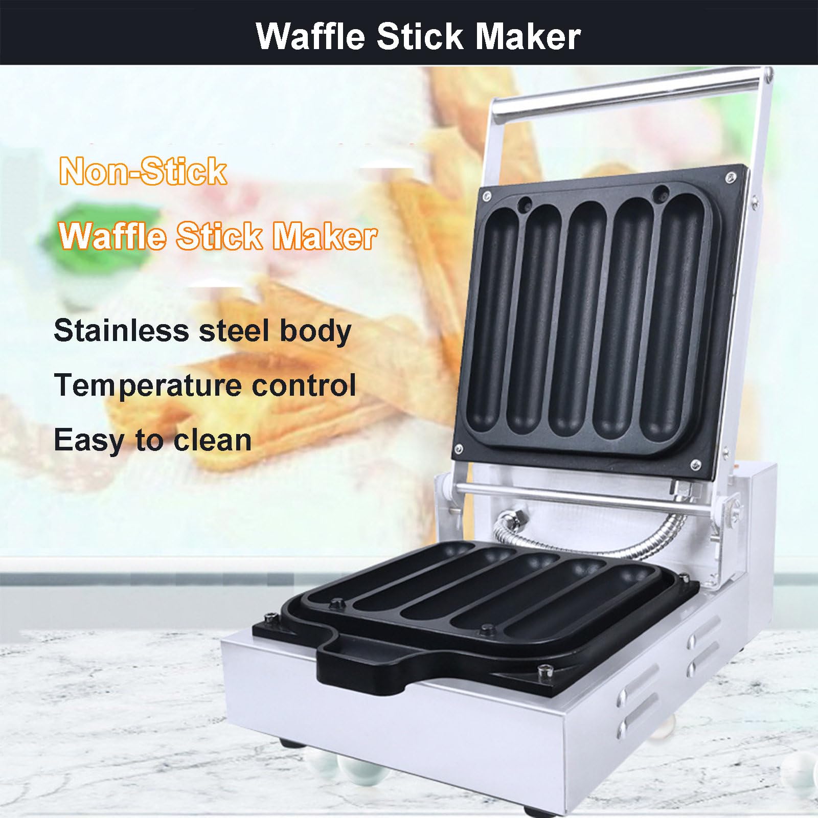 Commercial 5 Grate Waffle Iron, Electric Non-Stick Machine for Sausage Sticks with 6.8 * 1.2 Inch Baking Sheet, Stainless Steel Chicken Roll Machine for Easy Cleaning,