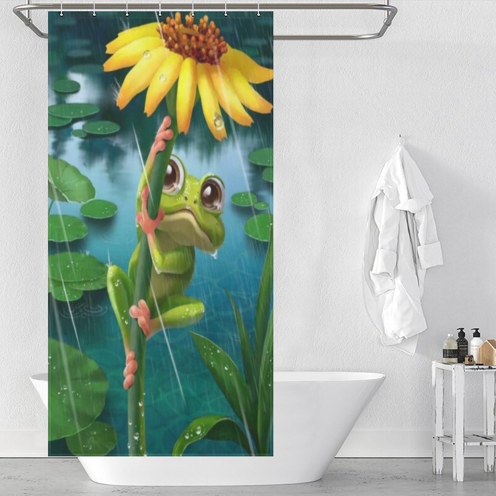 Rideau de douche grenouille en polyester 92x183 cm avec 12 anneaux inclus