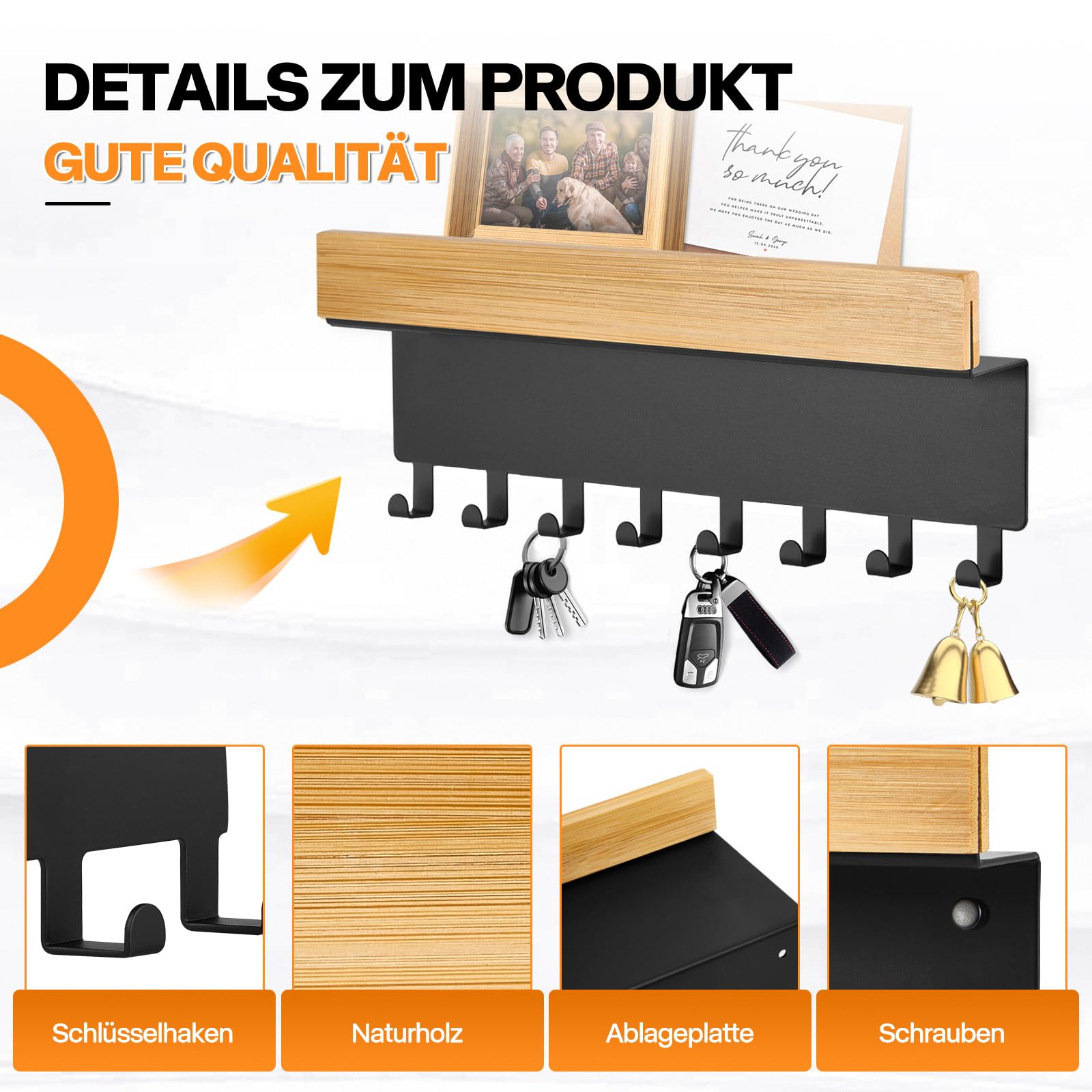 Portachiavi Da Parete In Legno Con 8 Ganci - Mensola Per Chiavi E Oggetti | Bianco, Per Ingresso E Corridoio