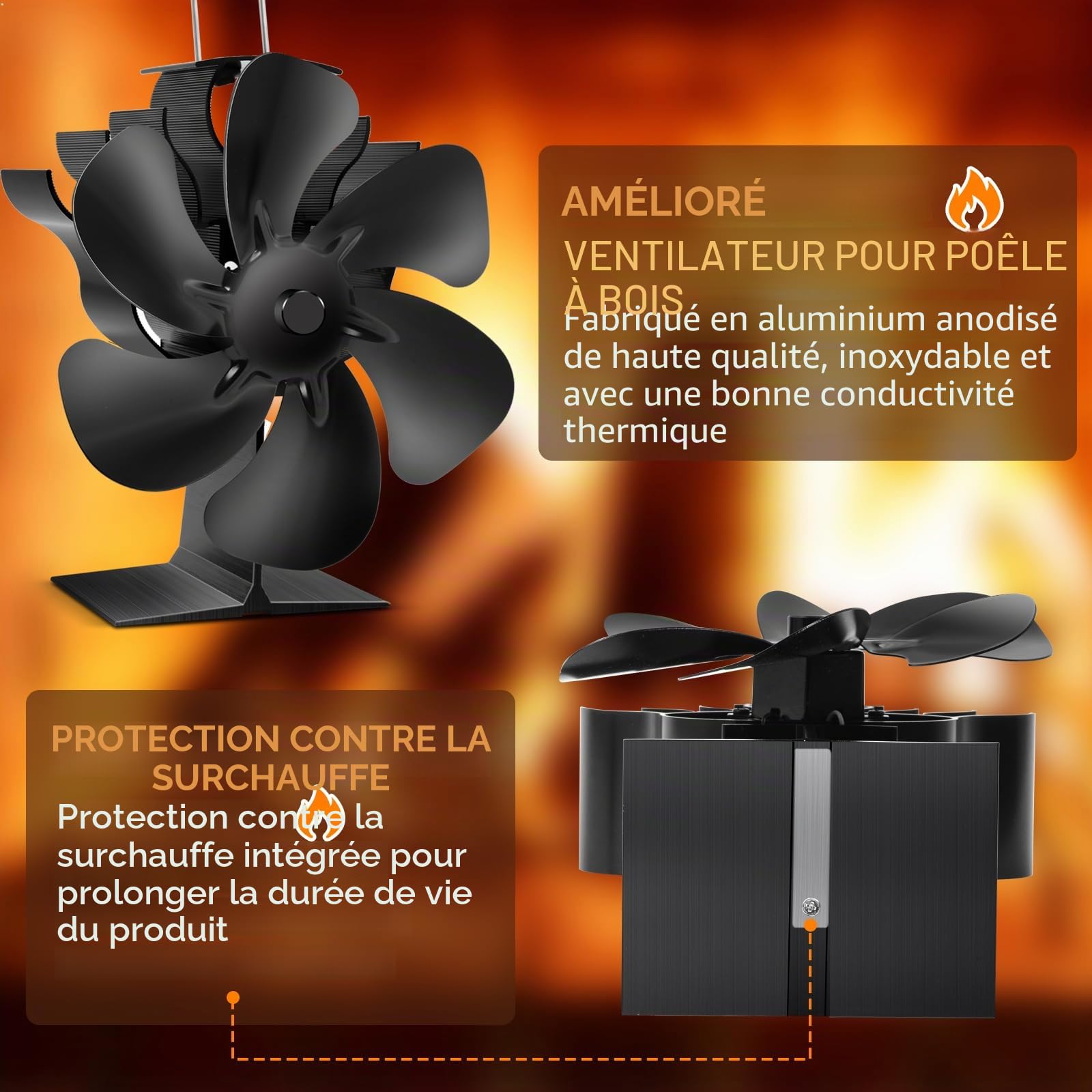 Lvelfe Ventilateur de cheminée, 6 pales silencieux, sans électricité, avec thermomètre, pour poêle à bois, poêle à granulés, cheminée