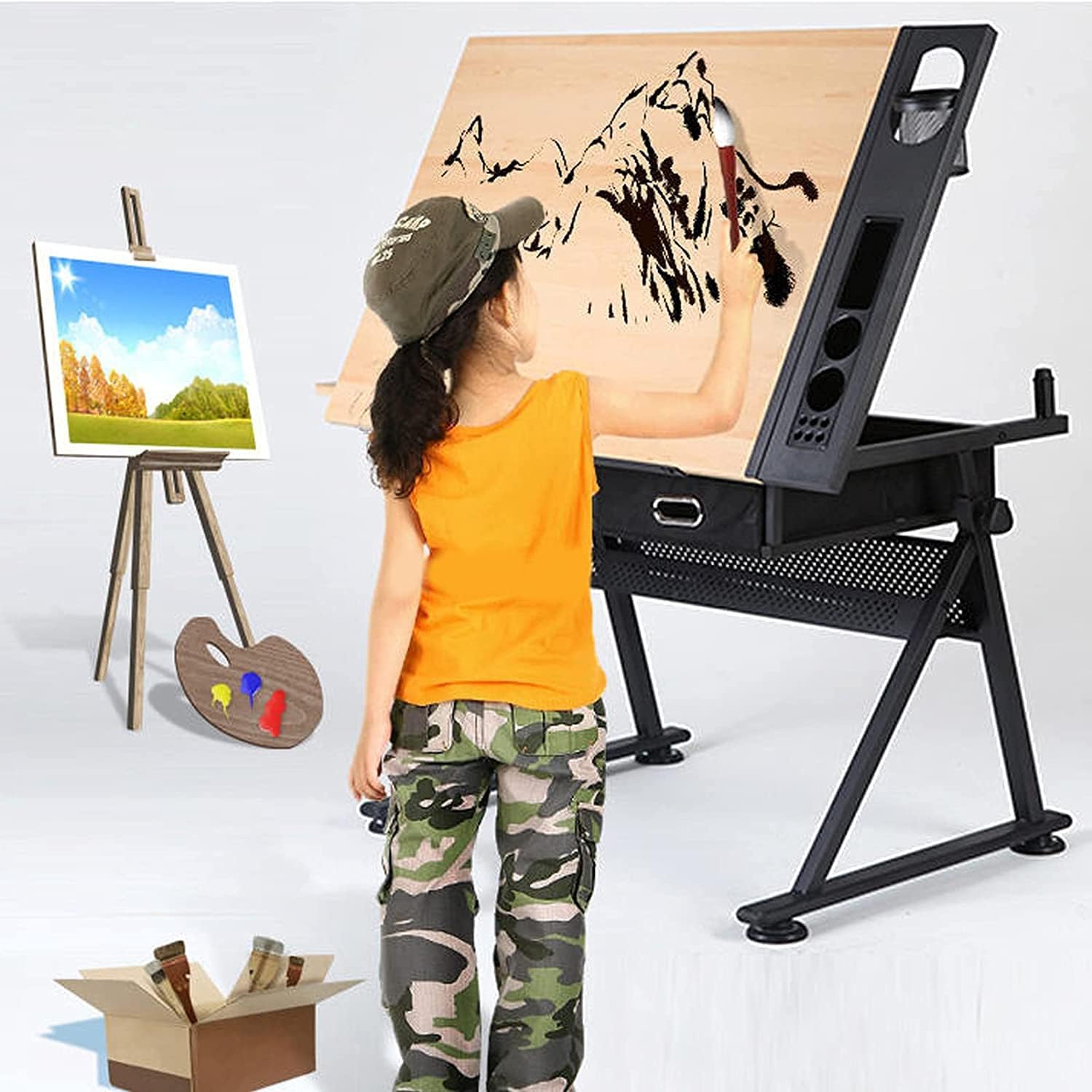 jxgzyy 2 Drawers Adjustable Tilting Drawing Table Art Craft Drafting Table Artist Desk Tilting Tabletop Wooden Drafting Drawing Table Art Desk Drawing Table Adjustable Drafting Table Craft Station