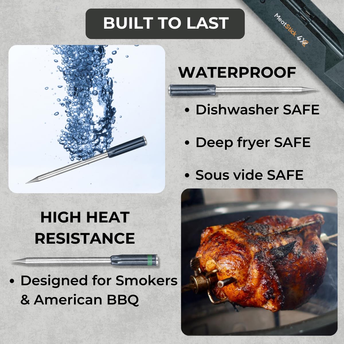 MeatStick 4X Bluetooth Wireless Meat Thermometer, 650ft+ Range Grill Probe | 4 sensors, 572°F ambient rating, 70+ hr battery. Built for big cuts and long smokes. For Grilling, Smoker, Oven, BBQ