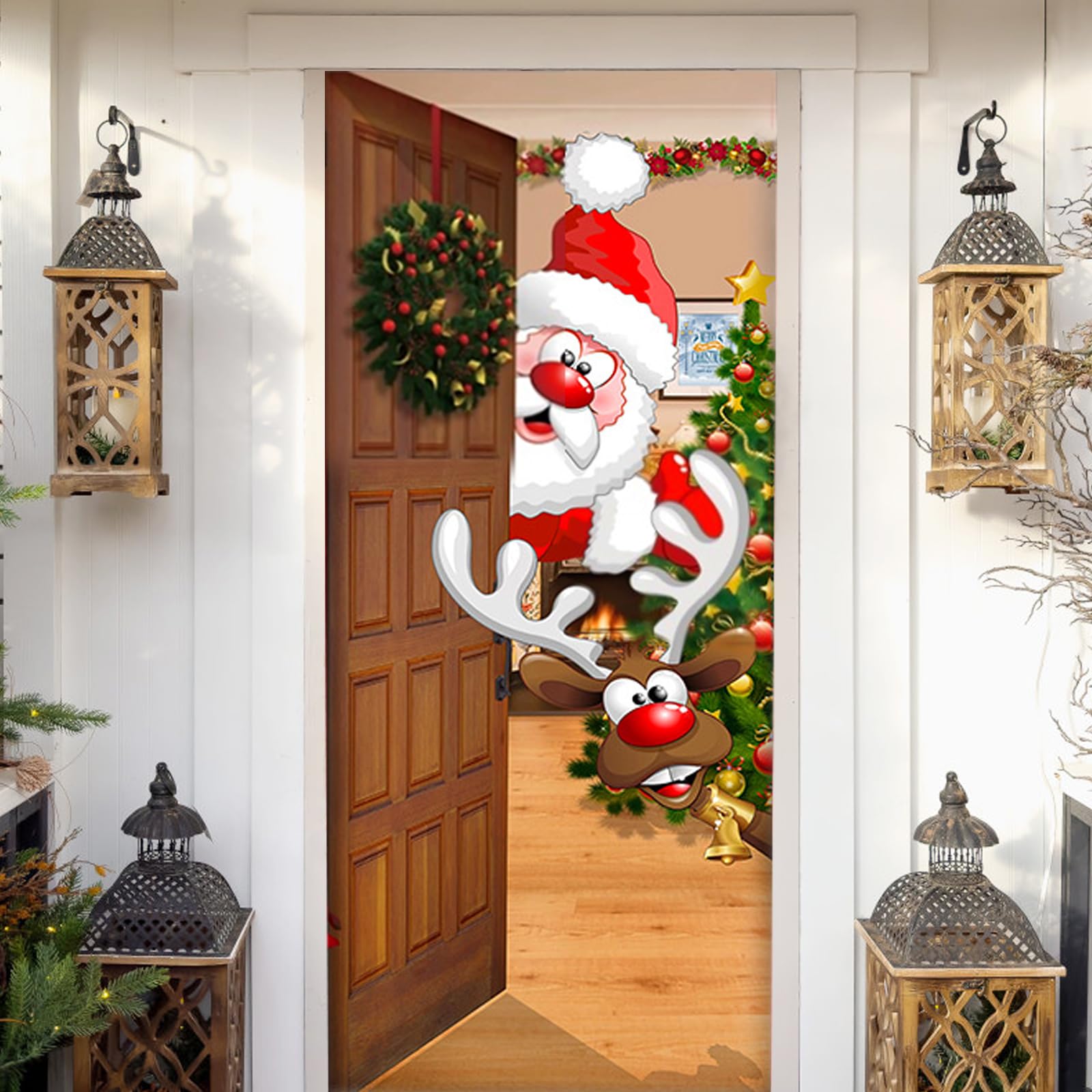 Decoracion Navidad Noel Papa Reno Fondo Puerta Cubierta Navidad Decoración de Bandera Colgante Divertida Dornos Navidad Exterior para Adornos Navideños Fiesta, Puertas, Ventanas - 90 * 200cm