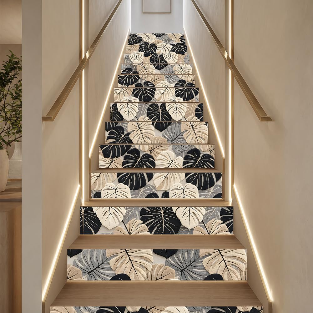 TNKBREEZE 15 Strips Leaf Stairs Stickers Tropical Botanical Peel and Stick Stair Riser Decals Removable Self-Adhesive PVC Art Sticker Decor for Steps Staircase Murals Decals 39.37×7.09inch — image 1
