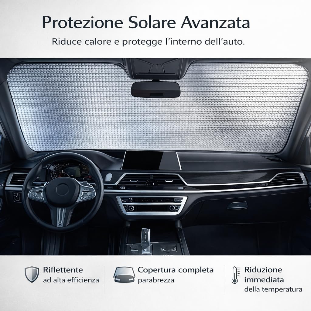 Parasole Auto Parabrezza Interno Pieghevole - Coprisole Auto UV con Ventose e Elastici, Protezione Solare per Cruscotto e Sedili, Universale per Auto SUV e Furgoni (Argento)