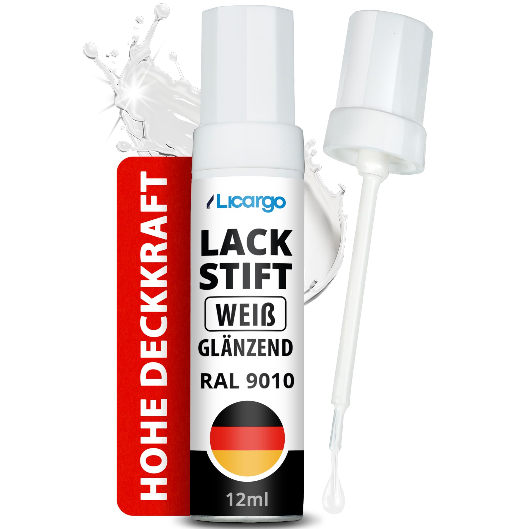 LICARGO Lackstift Weiß Glänzend – Präziser Pinsel für kleine Kratzer & Steinschläge – Hohe Deckkraft, schnelle Trocknung – Weißer Lackstift Auto, Autolack Weiß, Emaille Reparaturset, Made in Germany