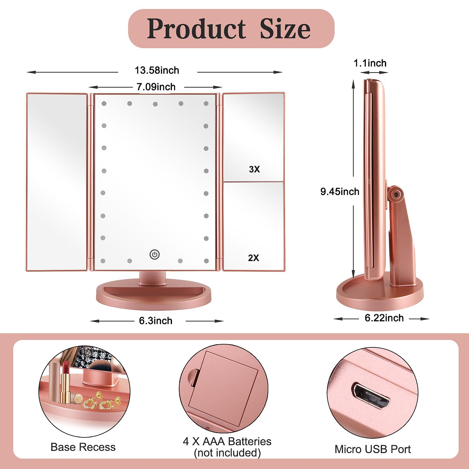 Flymiro Specchio Trucco, Specchio per Il Trucco con Luce 1x / 2X / 3X Trifold ingrandente 21 LED Touch Screen, Regolabile a 180° Specchio cosmetico per Il Trucco per viaggio(Oro Rosa)