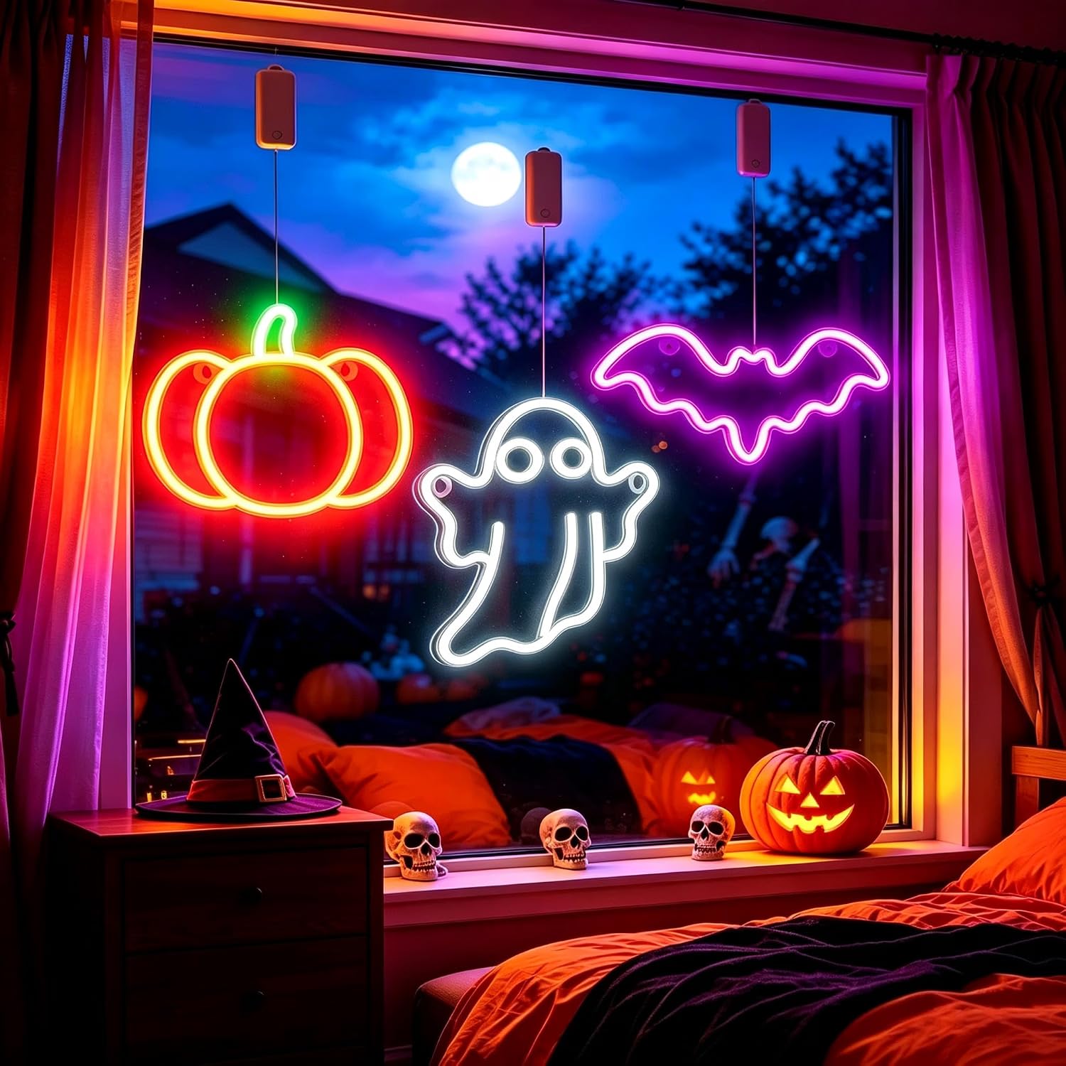 Halloween Window Lights,3 Pack Rechargeable Clear Shape Neon Window Light