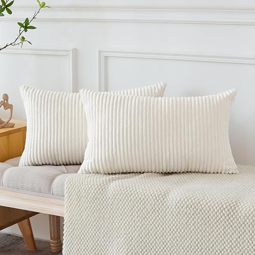 Miniatura 4 de OTOSTAR Paquete de 2 fundas de almohada de pana suave de 18 x 18 pulgadas, decorativas, cuadradas, sólidas, a rayas, para sofá, casa rural,