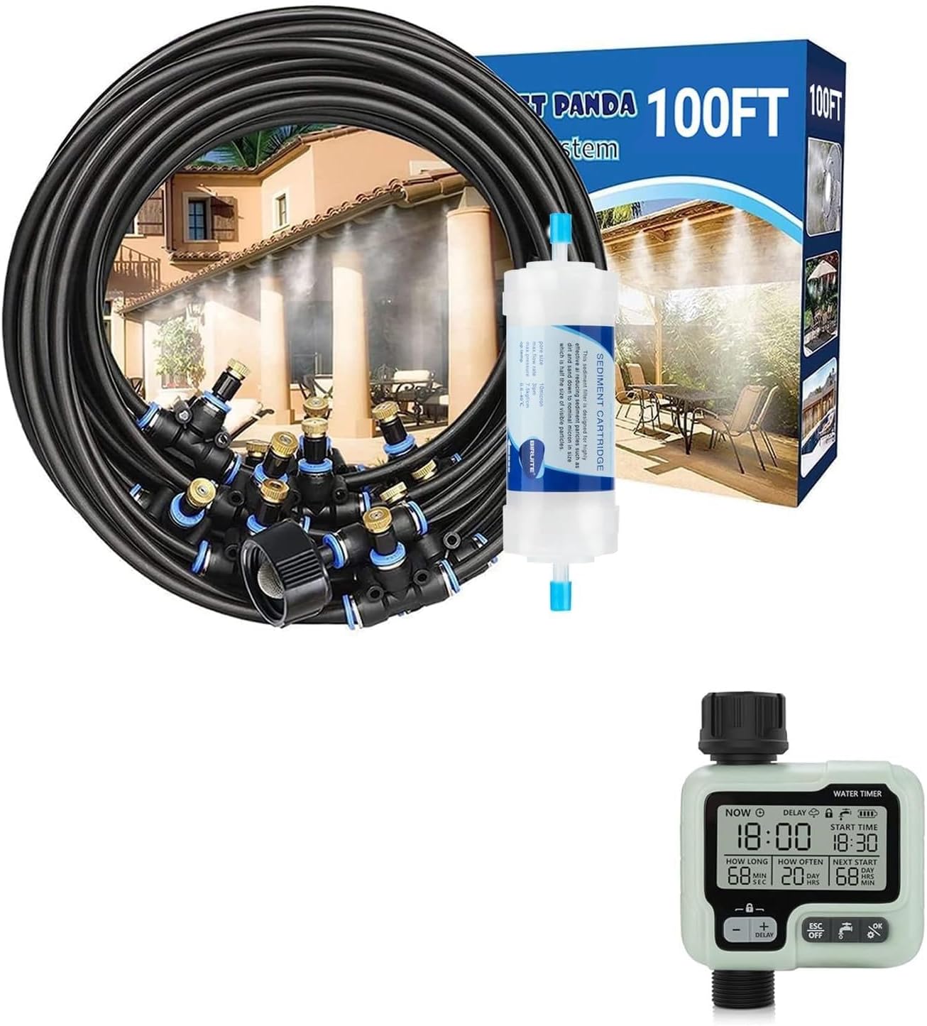 Misting Cooling System 100Ft w Filter &Hose Timer,Sprinkler Timers for Watering Programmable,Garden Irrigation System Controller,Automatic Outdoor Water Timer,Timed Sprinklers for Yard