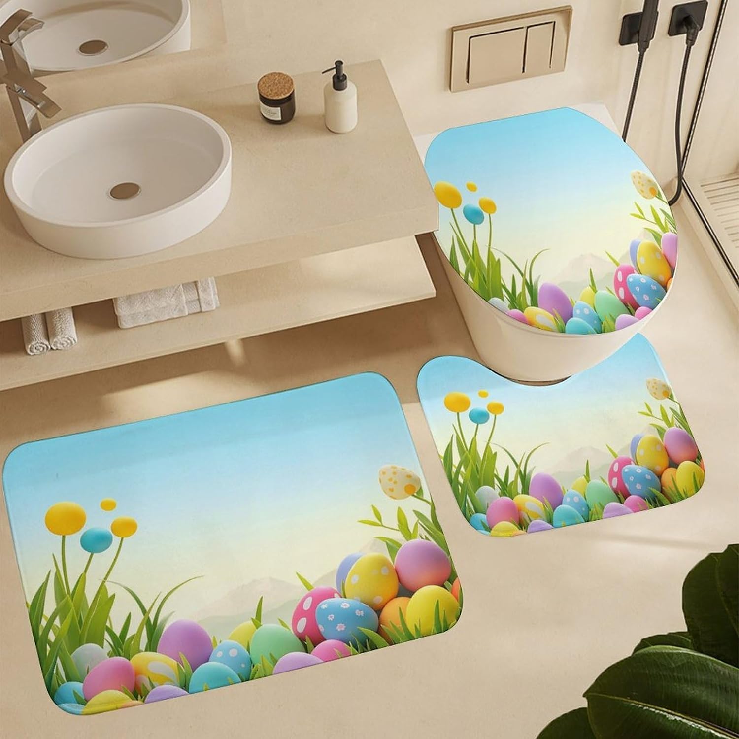 April Easter Bathroom Rugs Sets 4 Piece | Shower curtain sets, non-slip absorbent soft flannel bath mat, u-shaped toilet mat & lid cover, bathroom decor accessories