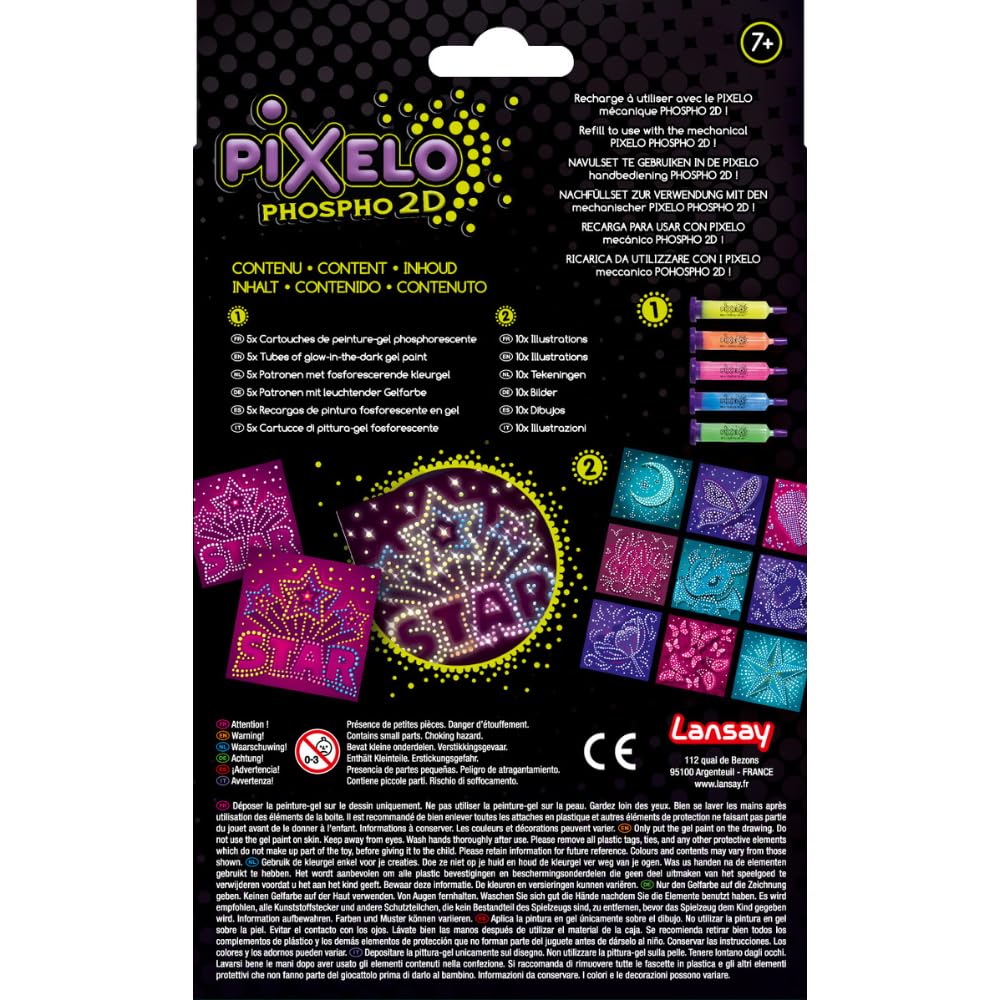 Lansay Pixelo Recharge Phospho 2D – 10 Dessins Phosphorescents, Sans Pile, Compatible Stylo Pixelo, Dès 7 Ans