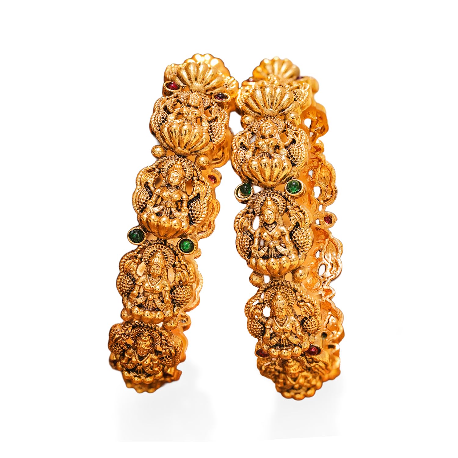 rubans Set of 2 Gold Plated Temple Lakshmi Bangles for Women & Girls Festive Jewellery with Red Green Crystal Accents-picture-9