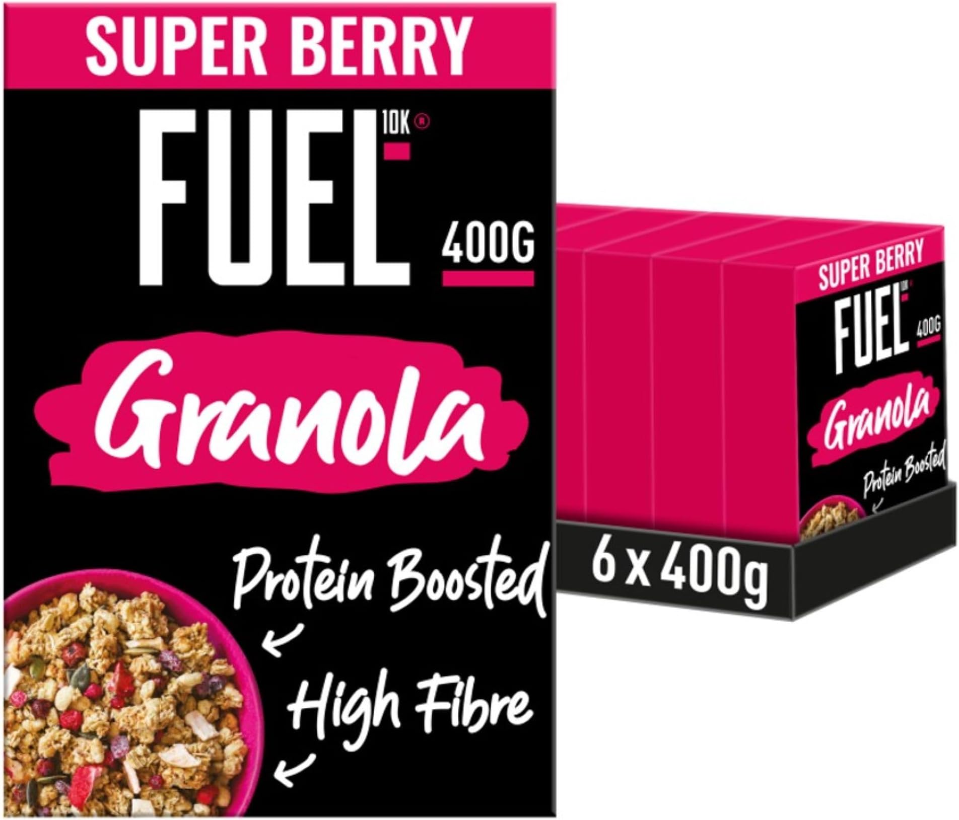 FUEL10K Protein Boosted, Chunky Granola, Super Berry, 6 x 400 Gram Box - High Fibre, Vitamin Boosted, Vegan Cereal with Mixed Fruit Pieces, Jumbo Oats & Pumpkin Seeds