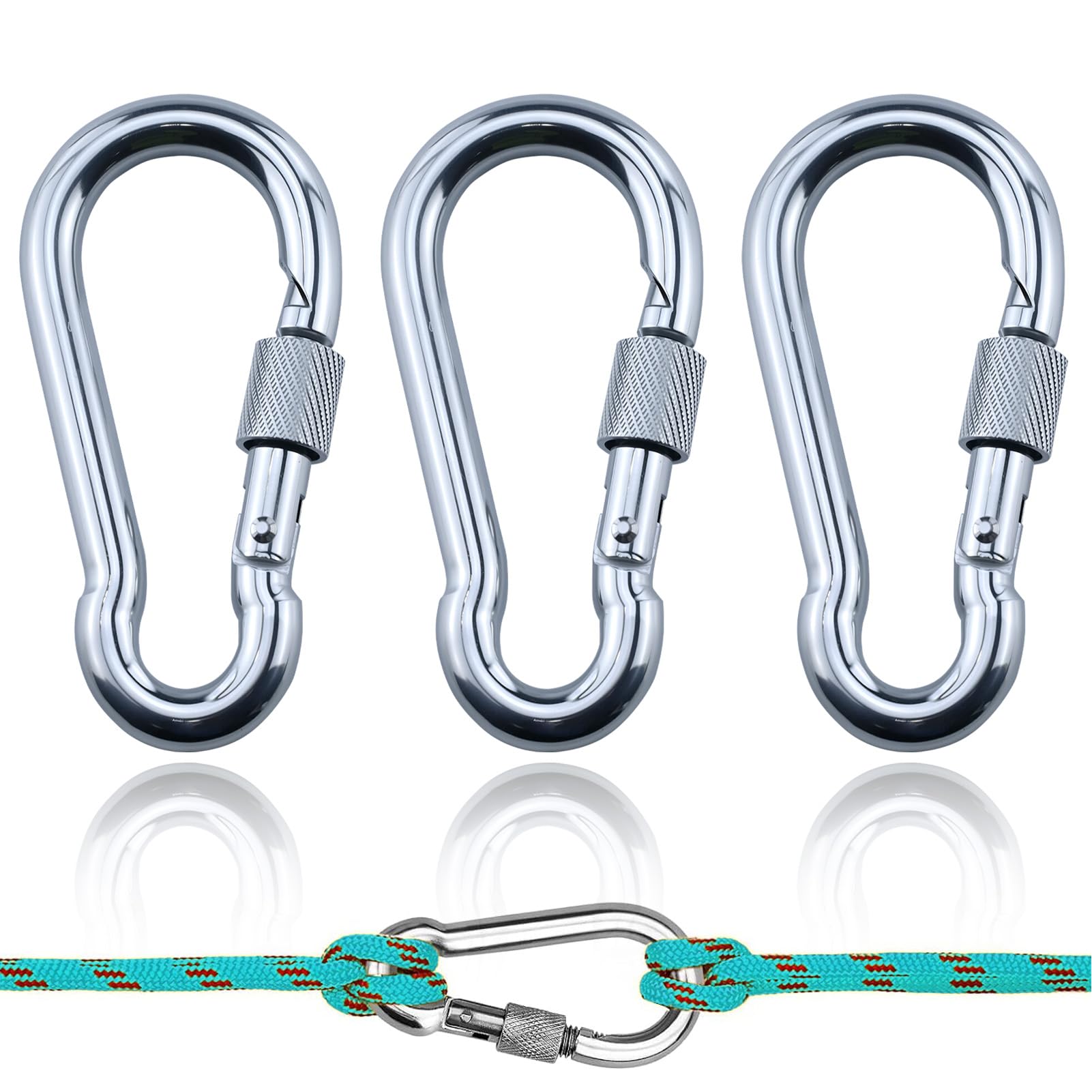 3 Pezzi M8 Moschettone Con Bloccaggio,Moschettone Con Chiusura a Vite,Moschettone molla zincato Alta Qualità,Argento moschettoni antiruggine,per amache, campeggio, pesca