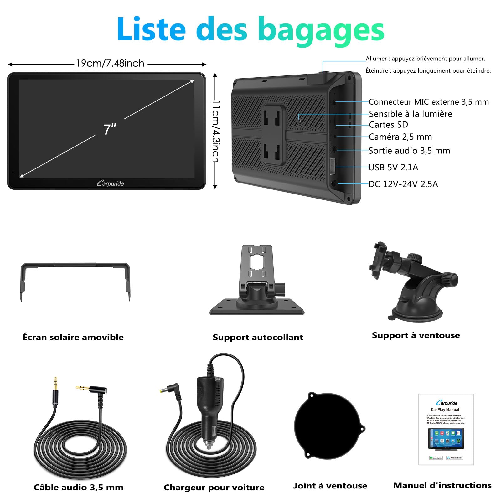 Carpuride Autoradio Portable sans Fil Carplay et Android Auto, 7 Pouces écran Tactile HD 1080p de avec BT 5.0, Support de Liaison Miroir pour Camion, véhicule récréatif