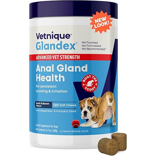 Vetnique Glandex Anal Gland Soft Chew Treats with Pumpkin for Dogs Digestive Enzymes, Probiotics Fiber Supplement for Dogs Boot The Scoot (Advanced Strength Duck/Bacon Chews (Vegetarian), 120 Ct)