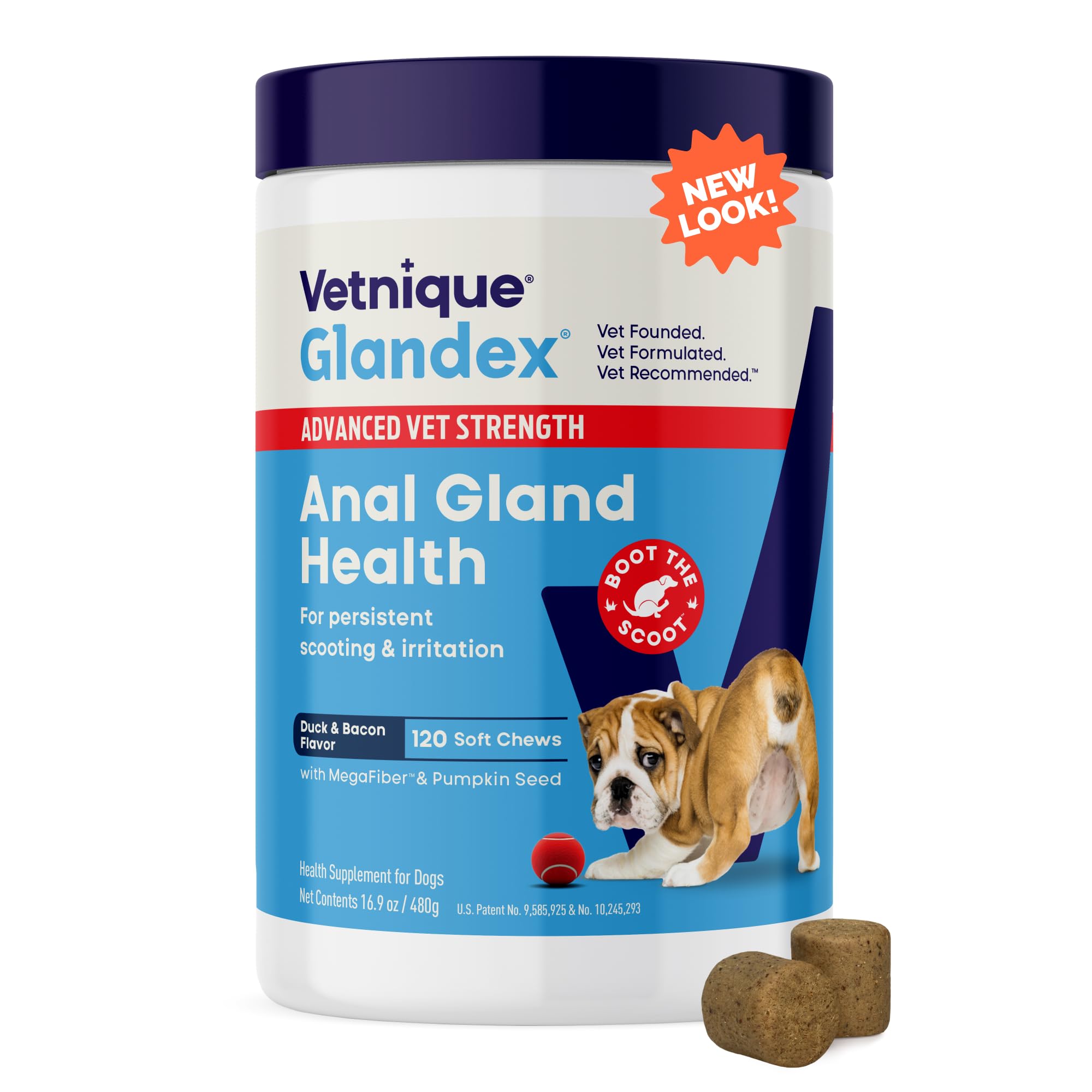Vetnique Glandex Anal Gland Soft Chew Treats with Pumpkin for Dogs Digestive Enzymes, Probiotics Fiber Supplement for Dogs Boot The Scoot (Advanced Strength Duck/Bacon Chews (Vegetarian), 120 Ct)