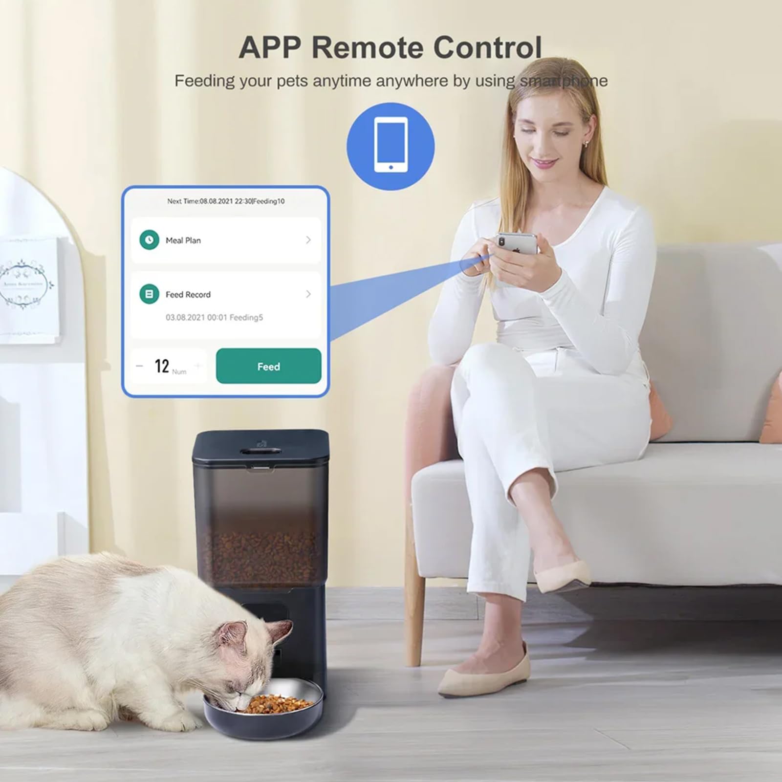 Comedero Gato Automatico 6L Dispensador Comida Gatos/Perros Dispensador De Comida Perros con Temporizador Y 1-4 Comidas Al Día App Control Cuenco De Acero Inoxidable,Blanco