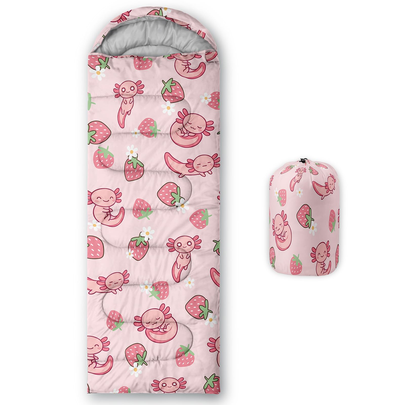 QOOMO Axolotl Strawberry Printed Camping Sleeping Bag, 31x90inch