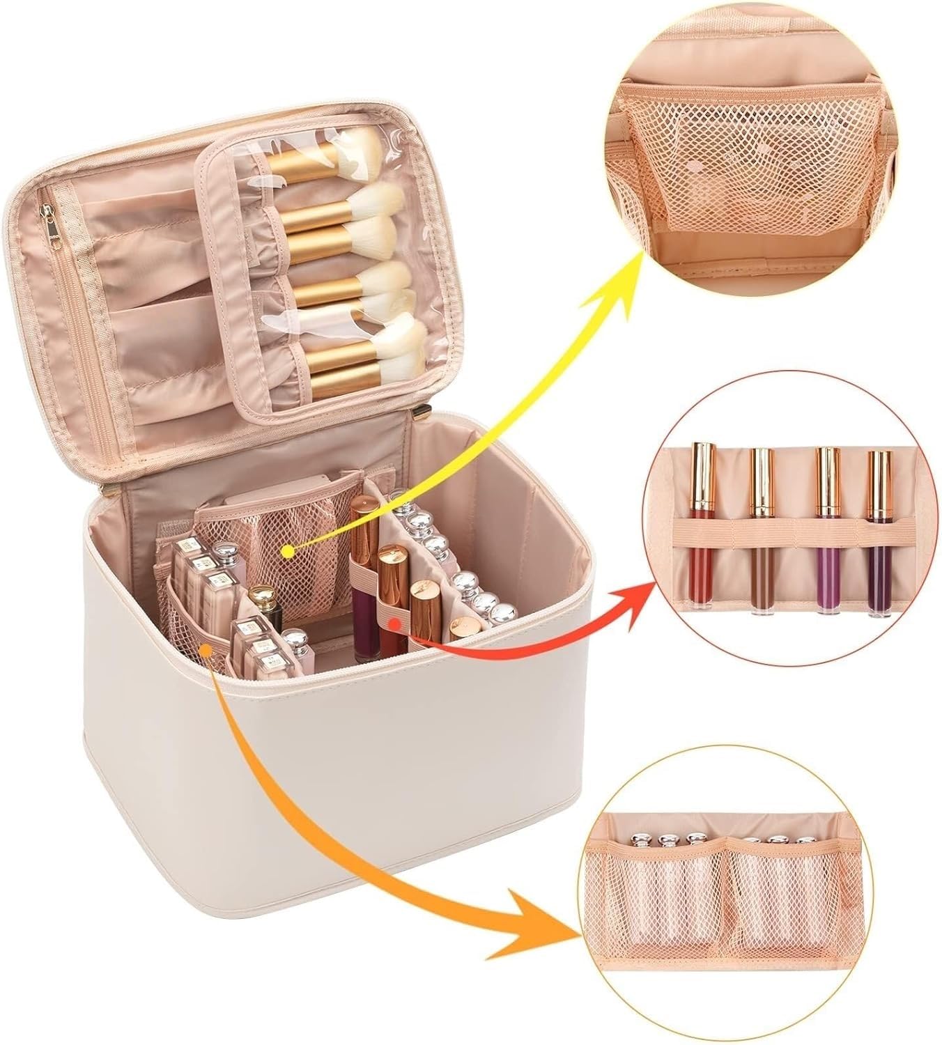 Beauty Case da Viaggio da Donna, Organizer per Cosmetici e Trucco Impermeabile con Scomparti e Manico - Custodia Portatile per Kit da Barba e Prodotti per la Cura della Pelle(Beige)