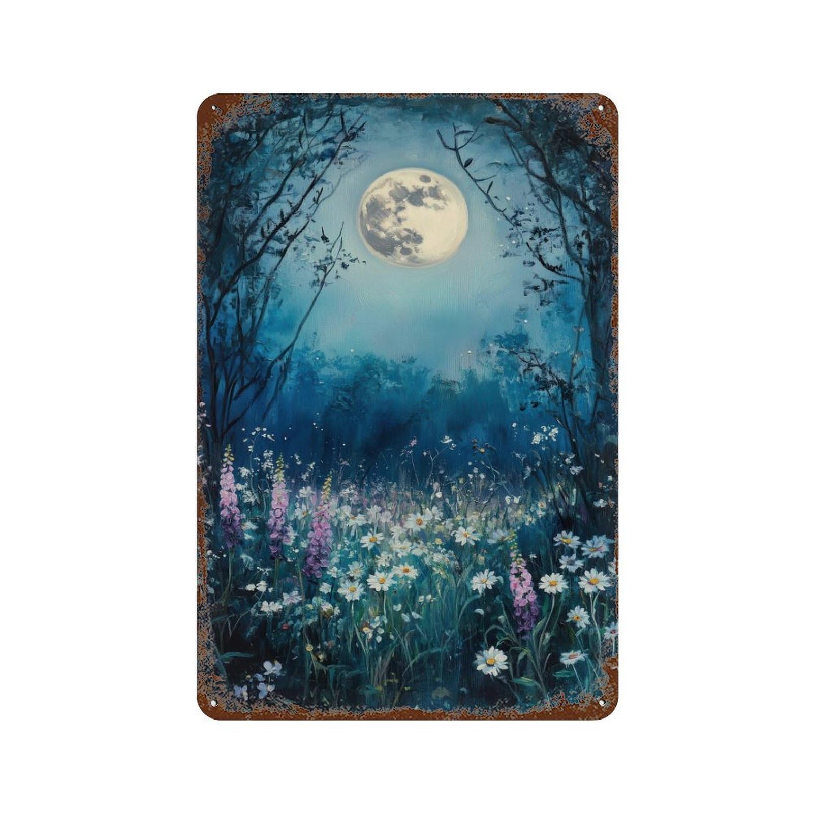 xiaoxiaoshen Moon Above Wild Flowers Celestial Mystical Night Sky Vintage Botanical Wall Decor Art Metal Tin Poster Modern Home Decor Art Home Bar Shop Decorations Vintage Sign 30x20cm