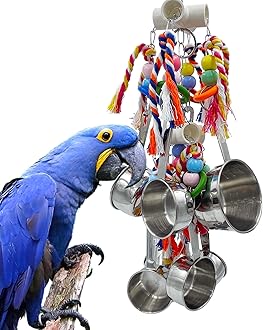 GILYGI New Upgraded Metallic Pots and Multicolored Ring Toys, Pullable 8 Stainless Steel Cups and 8 Wooden Ring Toys for Large and Extra Large Parrot Amazons Macaws African Greys Cockatoos Eclectus