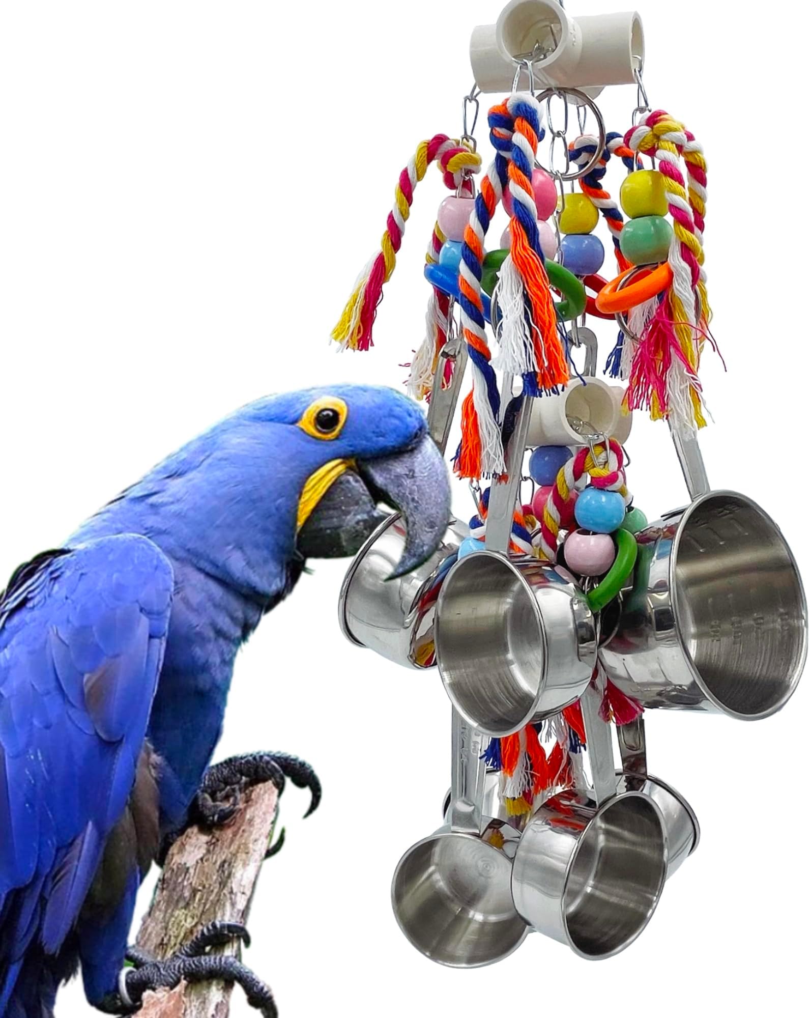 New Upgraded Metallic Pots and Multicolored Ring Toys, Pullable 8 Stainless Steel Cups and 8 Wooden Ring Toys for Large and Extra Large Parrot Amazons Macaws African Greys Cockatoos Eclectus
