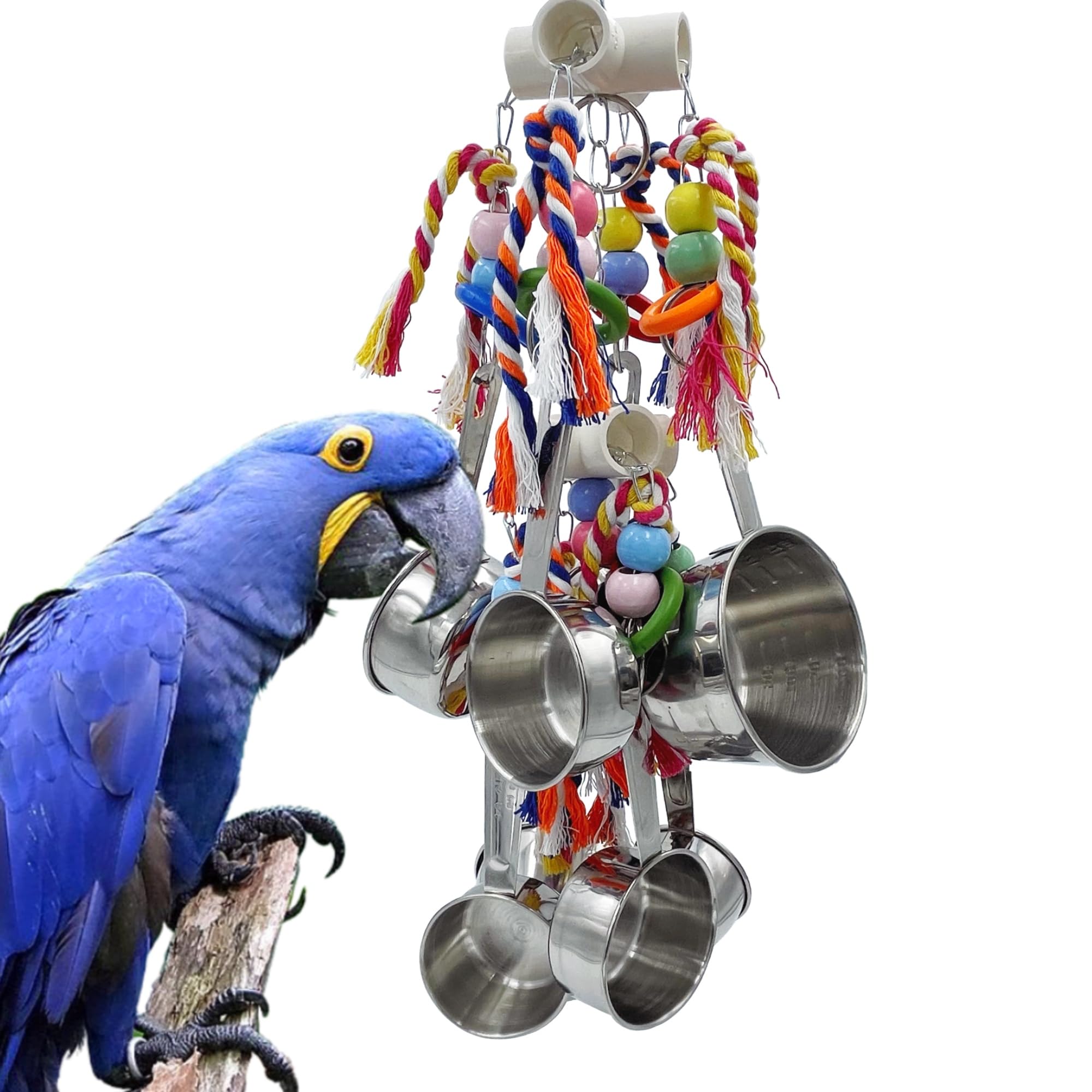 New Upgraded Metallic Pots and Multicolored Ring Toys, Pullable 8 Stainless Steel Cups and 8 Wooden Ring Toys for Large and Extra Large Parrot Amazons Macaws African Greys Cockatoos Eclectus