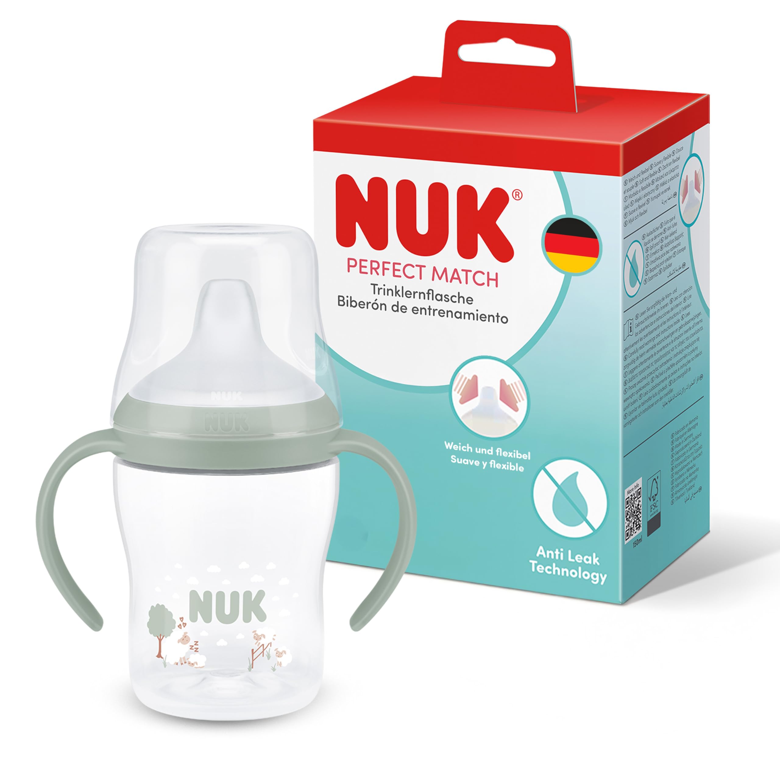 NUK Perfect Match Trinklernflasche | 6+ Monate | 150 ml | Auslaufsicherer Trinklernbecher für Kleinkinder | Anti-Rutsch Griffe | Schaf | 1 Stück
