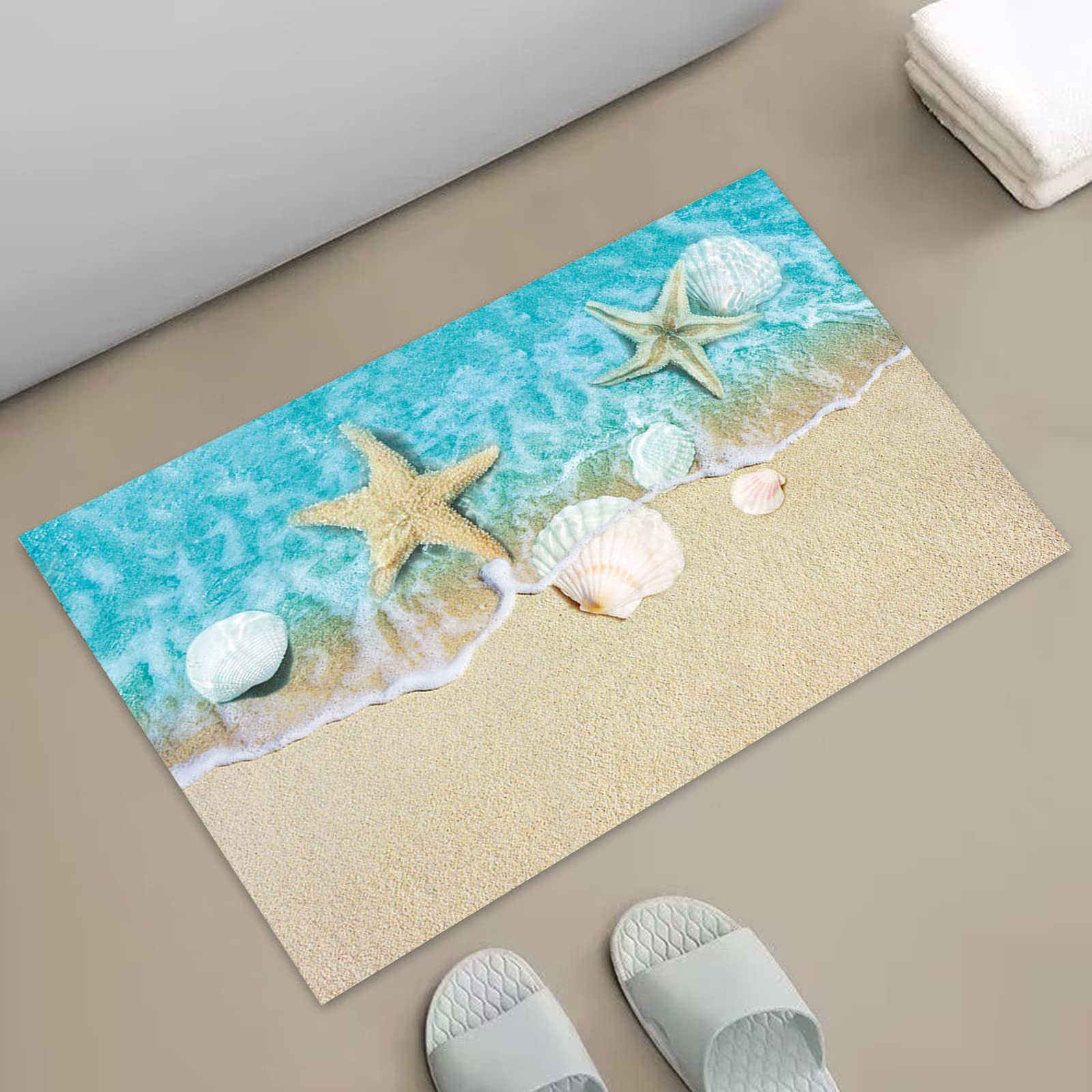 APROPHIC Coastal Bathroom Rugs Non Silp Beach Theme Quick Dry Bath Mat Seashells Starfish Bathmat Super Absorbent Washable Floor Mat Rubber Backed Waterproof Shower Mats for Bathroom 16x24 in