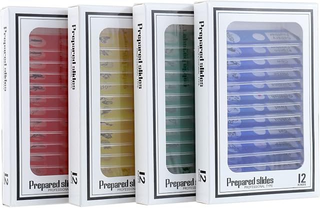 BOJACK 48 PCS Prepared Microscope Slides Set Animals Insects Plants Flowers Plastic Sample Specimens for Students Education