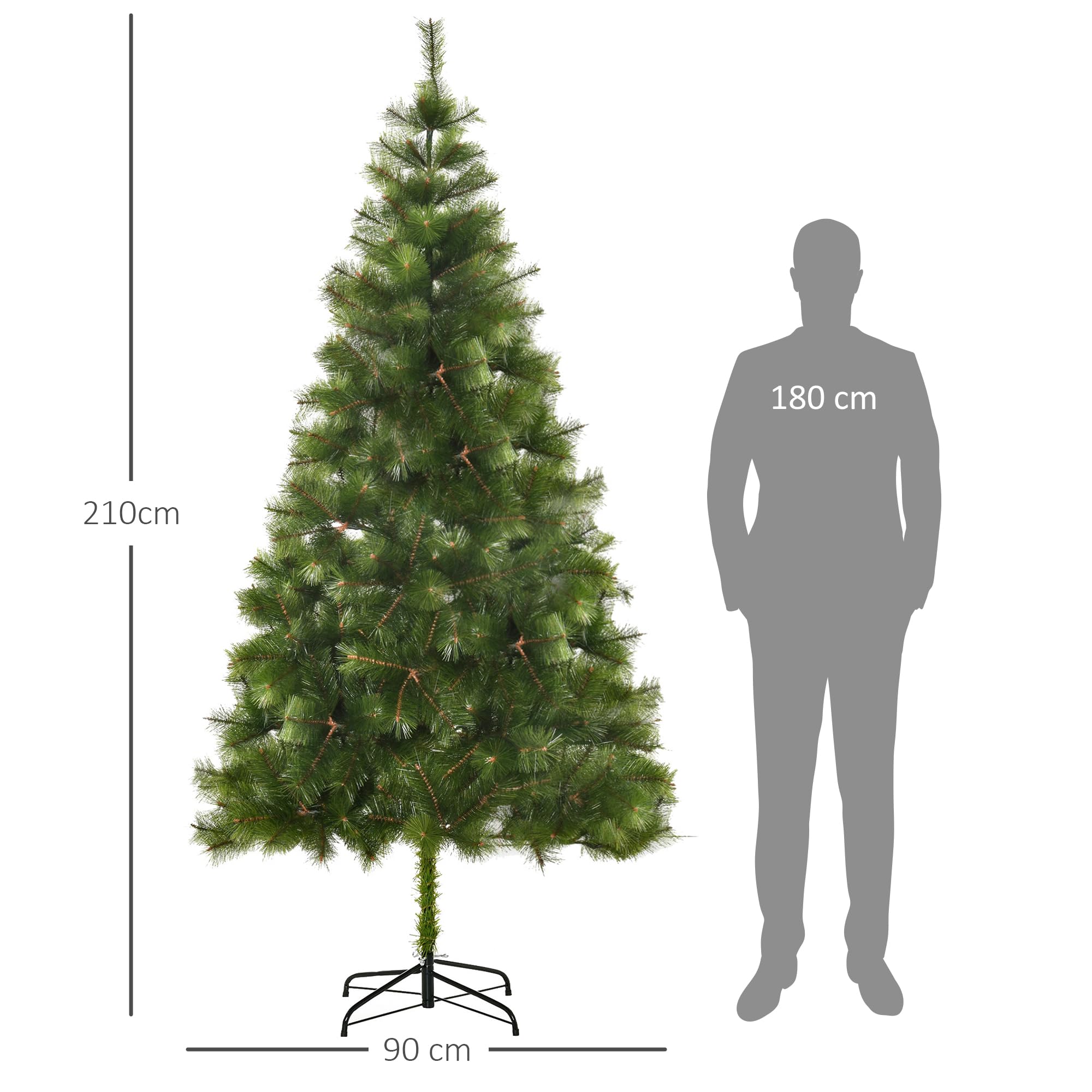 HOMCOM Árbol de Navidad 210cm Artificial Árbol de Pino Decoración Navideña con Soporte Metálico 505 Ramas Verde Pet