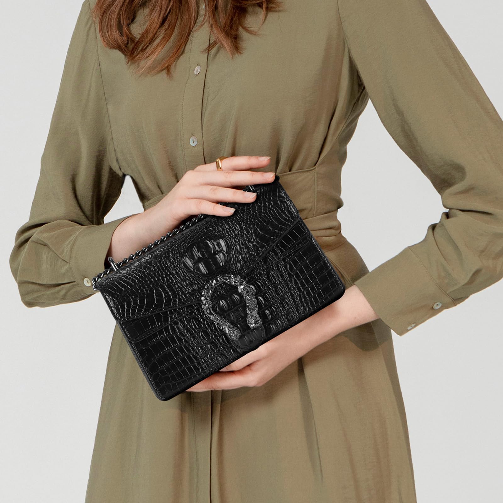 Bolso bandolera y de mano, de piel sintética, de mujer, con estampado de serpiente clásico, con cadena.