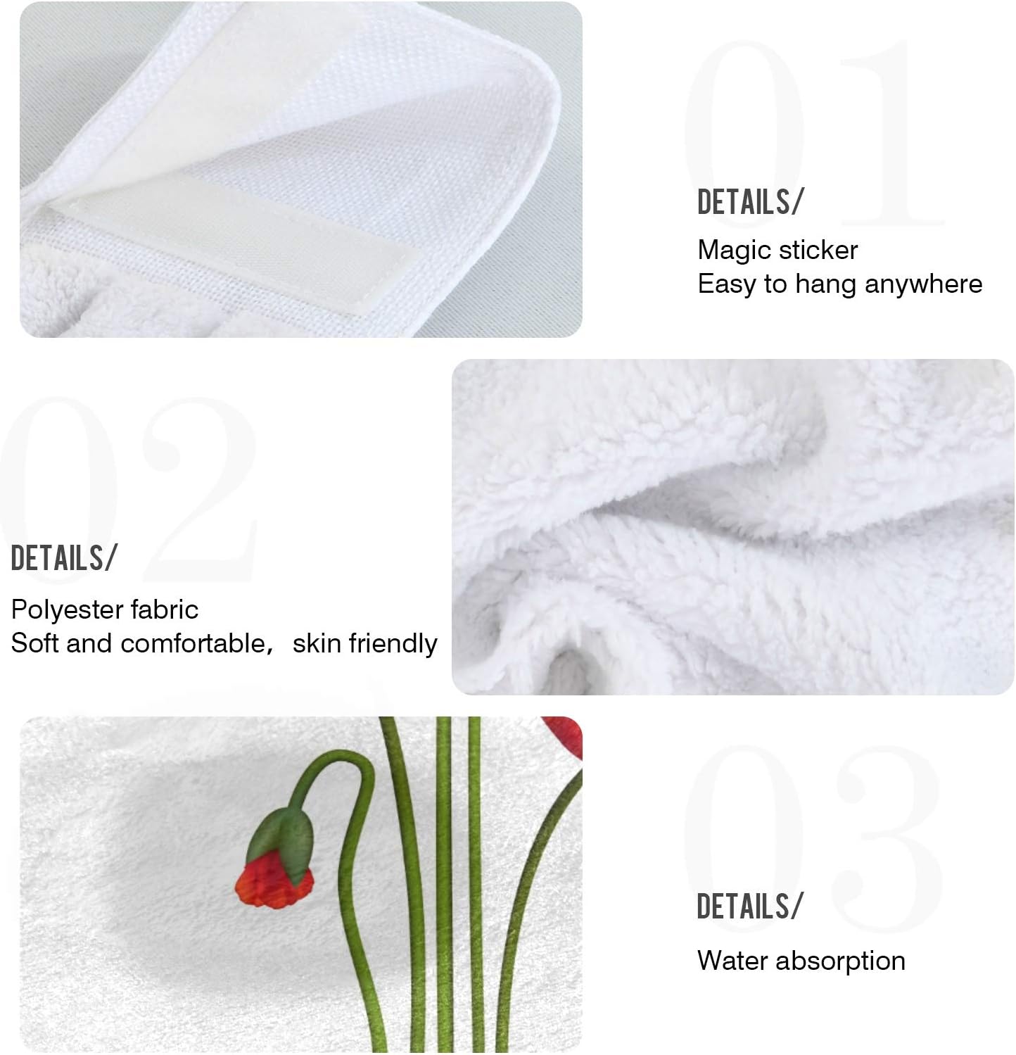 Red Poppy Flowers Kitchen Hand Towel Absorbent Hanging Tie Towels with Loop for Bathroom 2 Pcs image 3