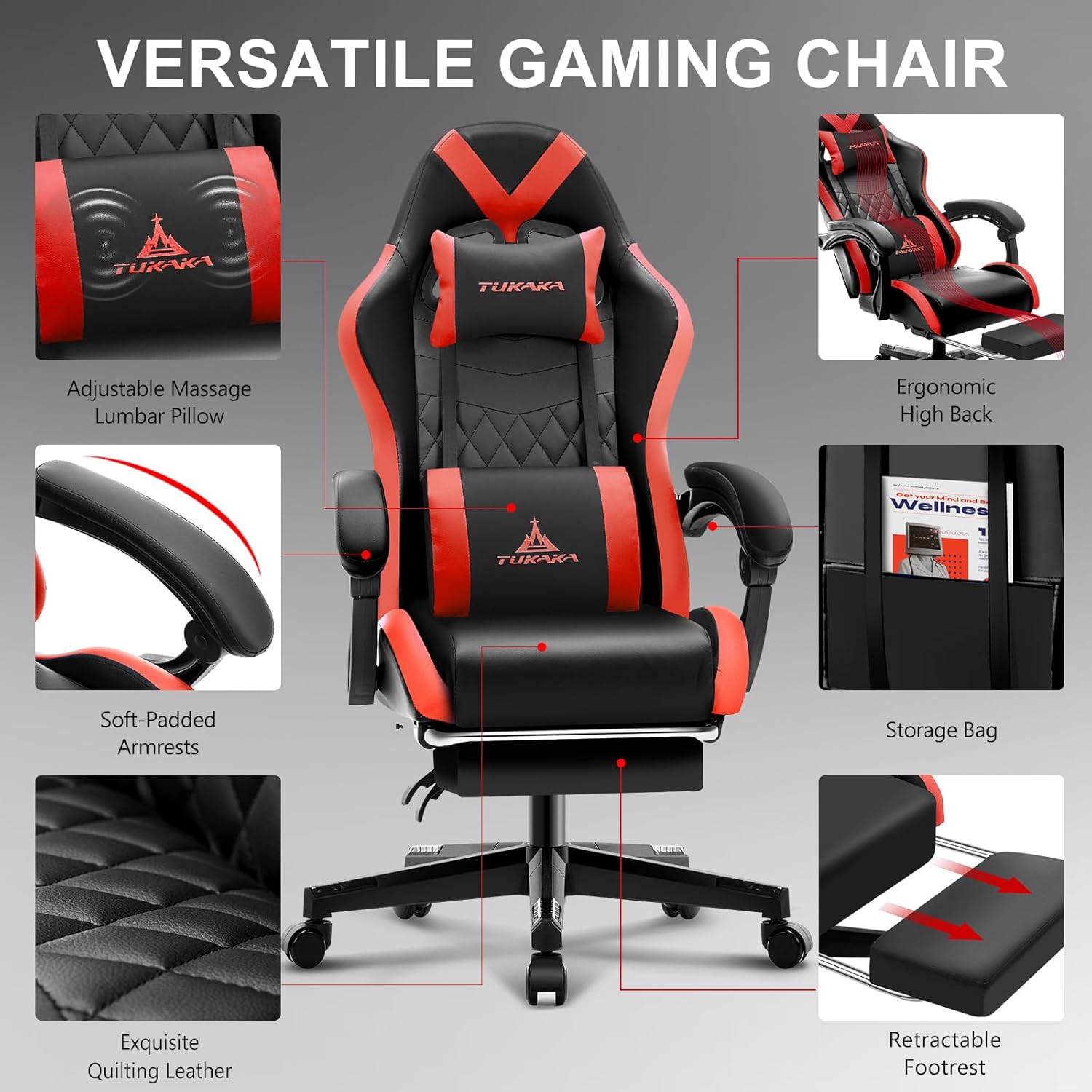 Tukaaka gaming chair, ergonomic massage with computer office desk Chair Futrests, Pocket Spring Cushion, Headrest and Lumbar Support with Leather Adjustable Gamer Chair, Red, Red, Red, Red, Red, Red Tukaaka gaming chair, ergonomic massage with computer office desk Chair Futrests, Pocket Spring Cushion, Headrest and Lumbar Support with Leather Adjustable Gamer Chair, Red, Red, Red, Red, Red, Red