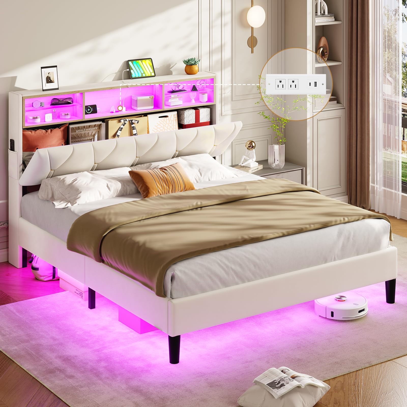 ADORNEVE Full Size Bed Frame with Led Lights and Storage Headboard, LED Bed Frame with Charging Station, Velvet Upholstered Platform Bed Frame Full Size with Shelf Headboard, Noise-Free, Creamy White