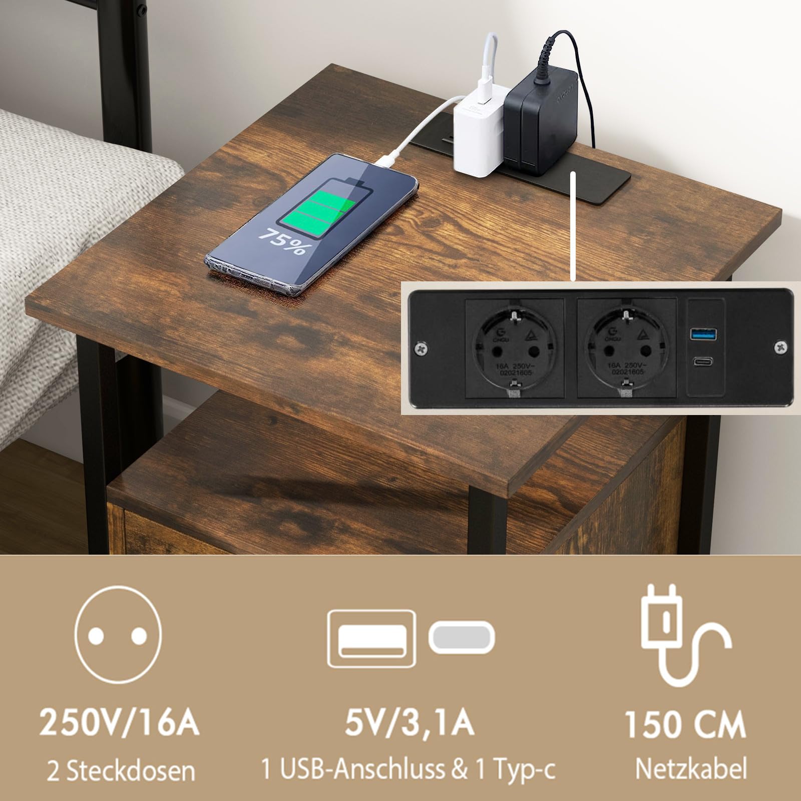 RELAX4LIFE Nachttisch mit Ladestation, Nachtschrank mit 2 Steckdosen, 1 USB- & Typ-C-Anschlüsse, Beistelltisch mit 1 Schublade & offenen Ablagen, für Wohnzimmer, Schlafzimmer, 40 x 40 x 55 cm (1)