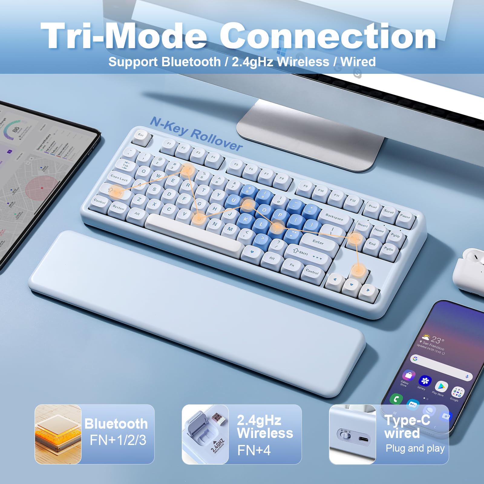 YUNZII B87 Tastiera Meccanica Gaming, QMK/VIA, RGB, Tasti MOA, Poggiapolsi, Connessione BT5.0/2.4G/USB-C NKRO per Win/Mac (Blu Cuore, cocoa cream v2)