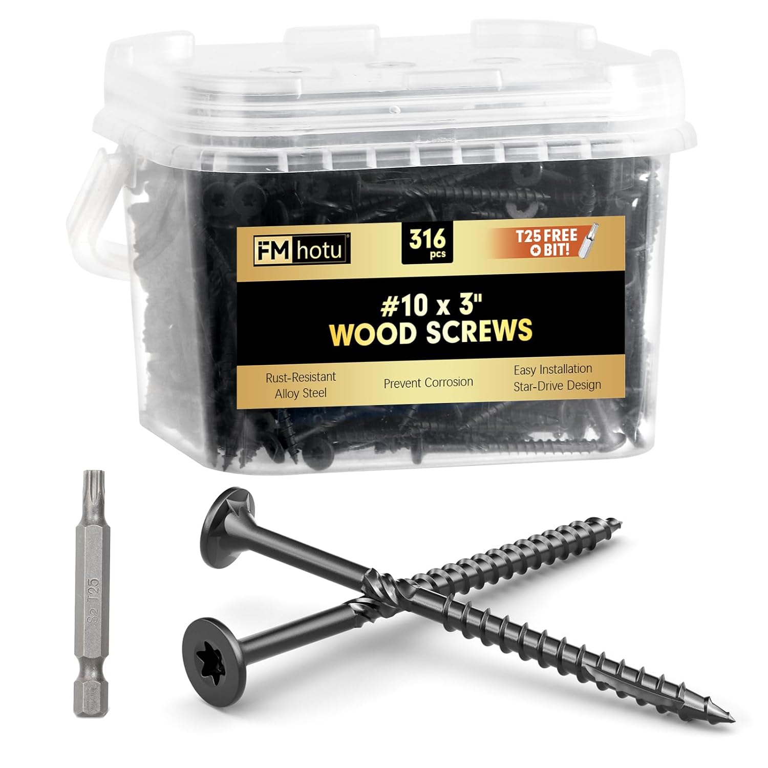 #10 x 3” Deck Screws, 316Pcs Star Drive Wood Screws, Rust Resistant Timber Screws for Timber/Log/Landscaping Wood, T25 Star Bit Included, Black