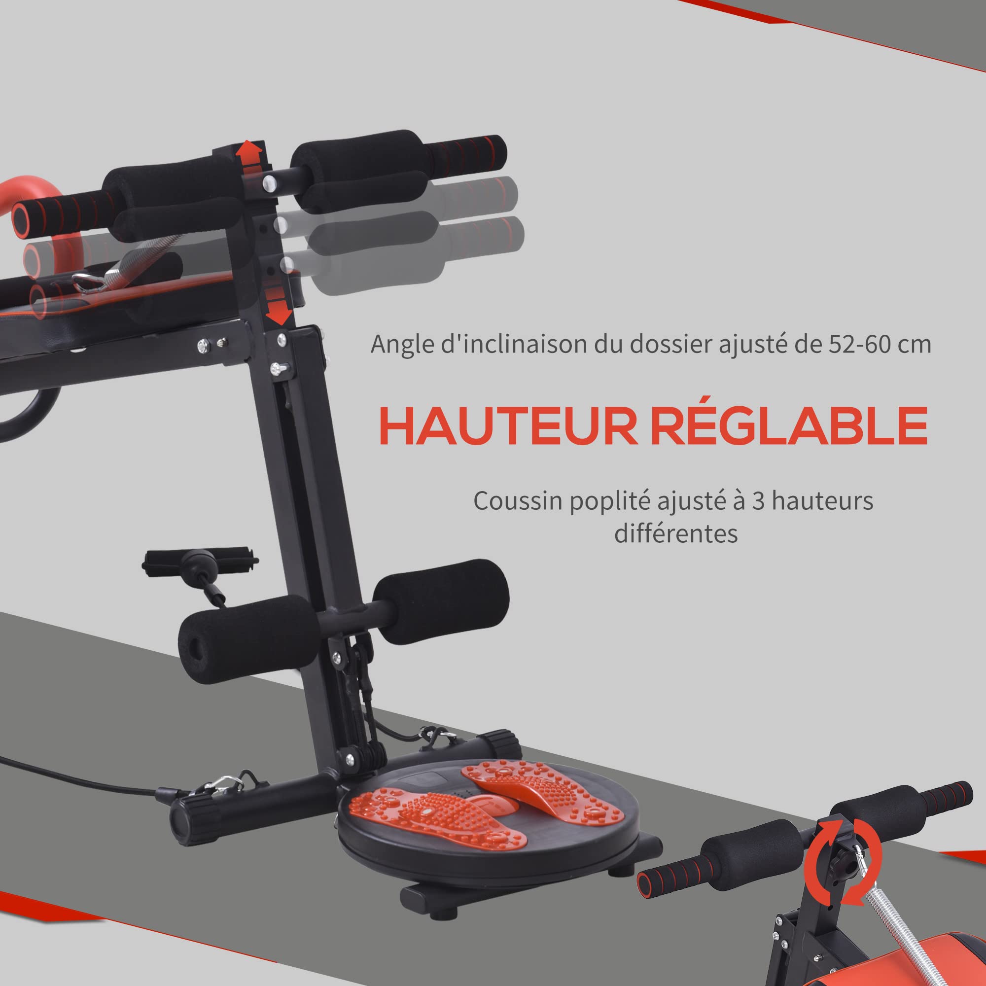 HOMCOM Banc de musculation banc pliable de fitness avec oreiller multifonction sit-up entraînement abdominaux bras dossier hauteur réglable à 3 niveaux acier 53 x 166 x 52-60 cm noir rouge