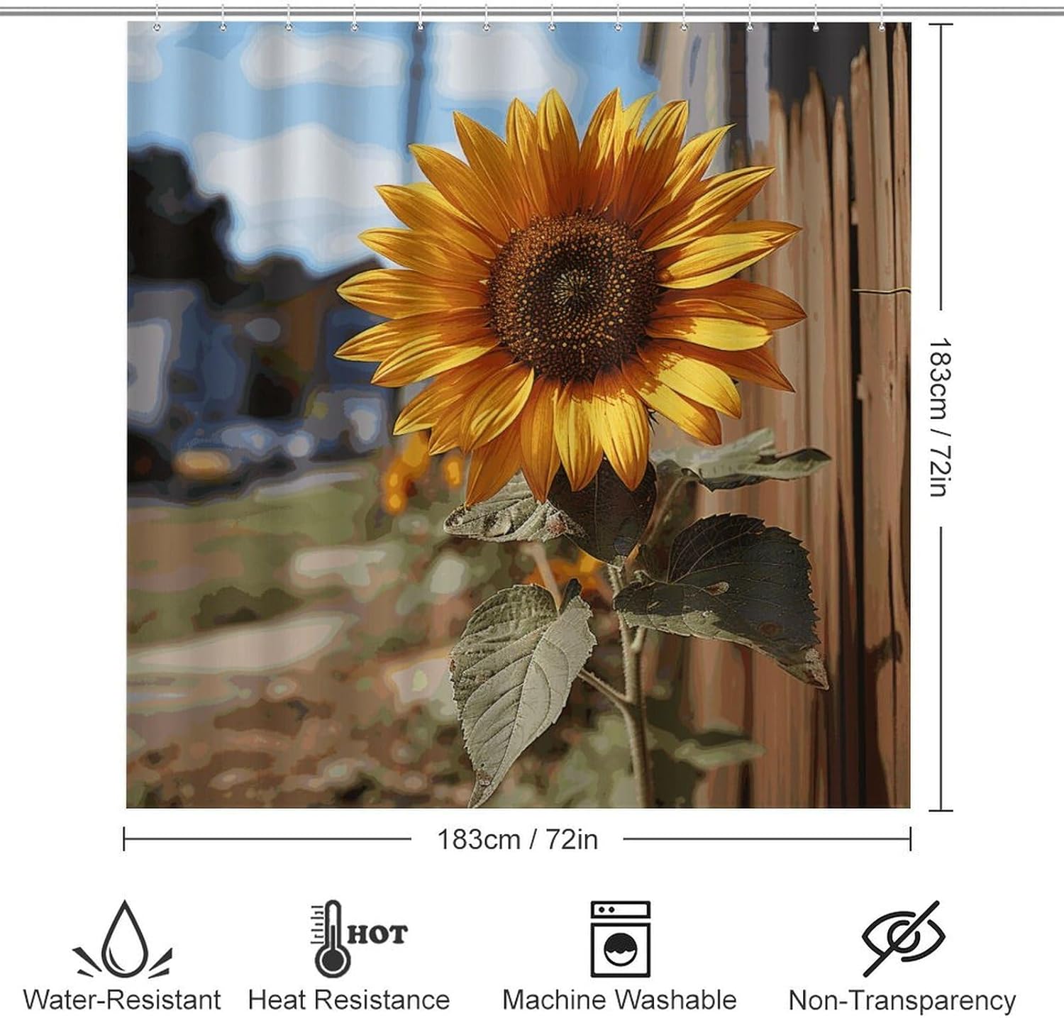 Farm Sunflower 4Pcs Shower Curtain Set with Non-Slip Rugs, Toilet Lid Cover and Bath Mat,Bathroom Set Decor Accessories,Curtain Set with 12 Hooks, 72 X 72 Inch