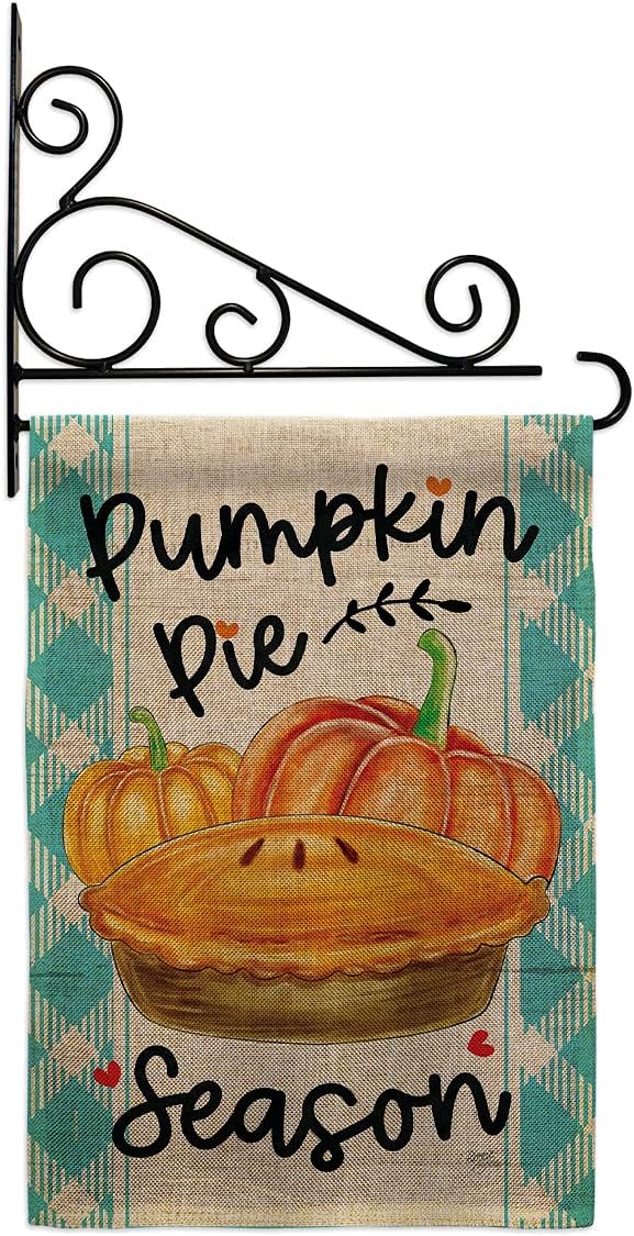 Harvest & Autumn Pumpkin Pie Burlap Garden Flag Set Wall Holder Fall Scarecrow Pumkins Sunflower Leaves Season Autumntime Gathering Small Gift Yard House Banner Double-Sided Made In USA 13 X 18.5
