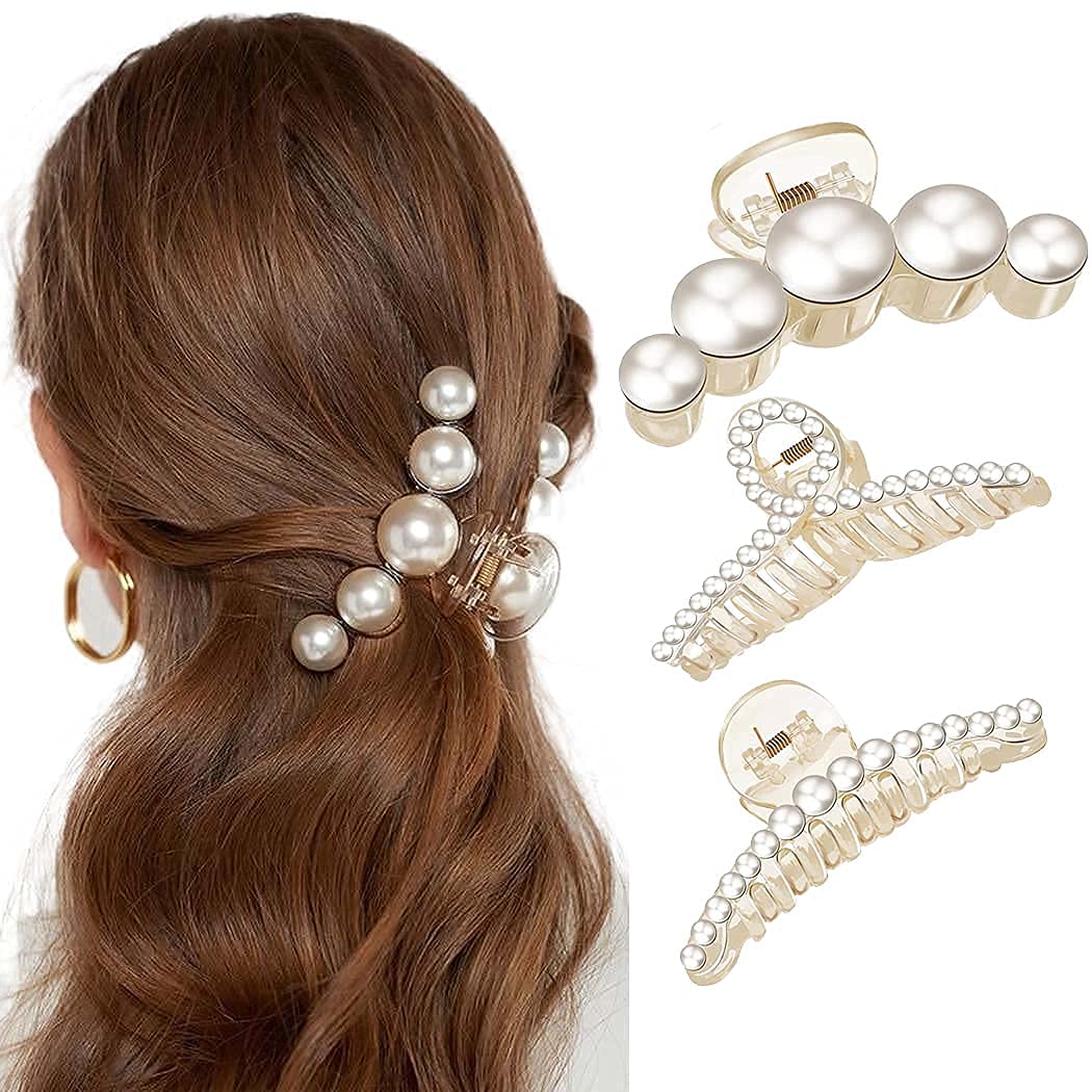 3 Piezas Pinzas Pelo, Pelo Clip, Artificial Perla Captura Horquilla, ​Grandes Garra Pelo Clip, Pinzas pelo Mujer, Accesorios para el Cabello para Mujer，Para Mujeres y Niñas Para Fijar el Pelo