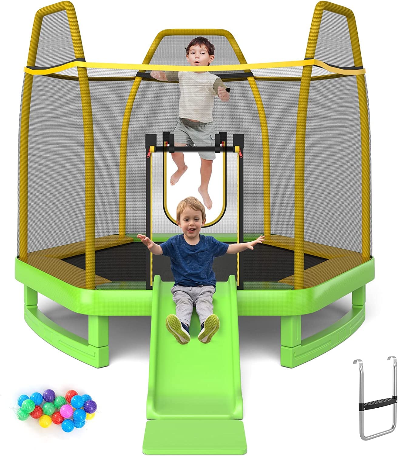 7 FT Kids Trampoline, 3 in 1 Recreational Trampoline Outdoor with Slide, Galvanized Steel Frame, Safety Enclosure Net, Ladder, Ocean Balls (Green)