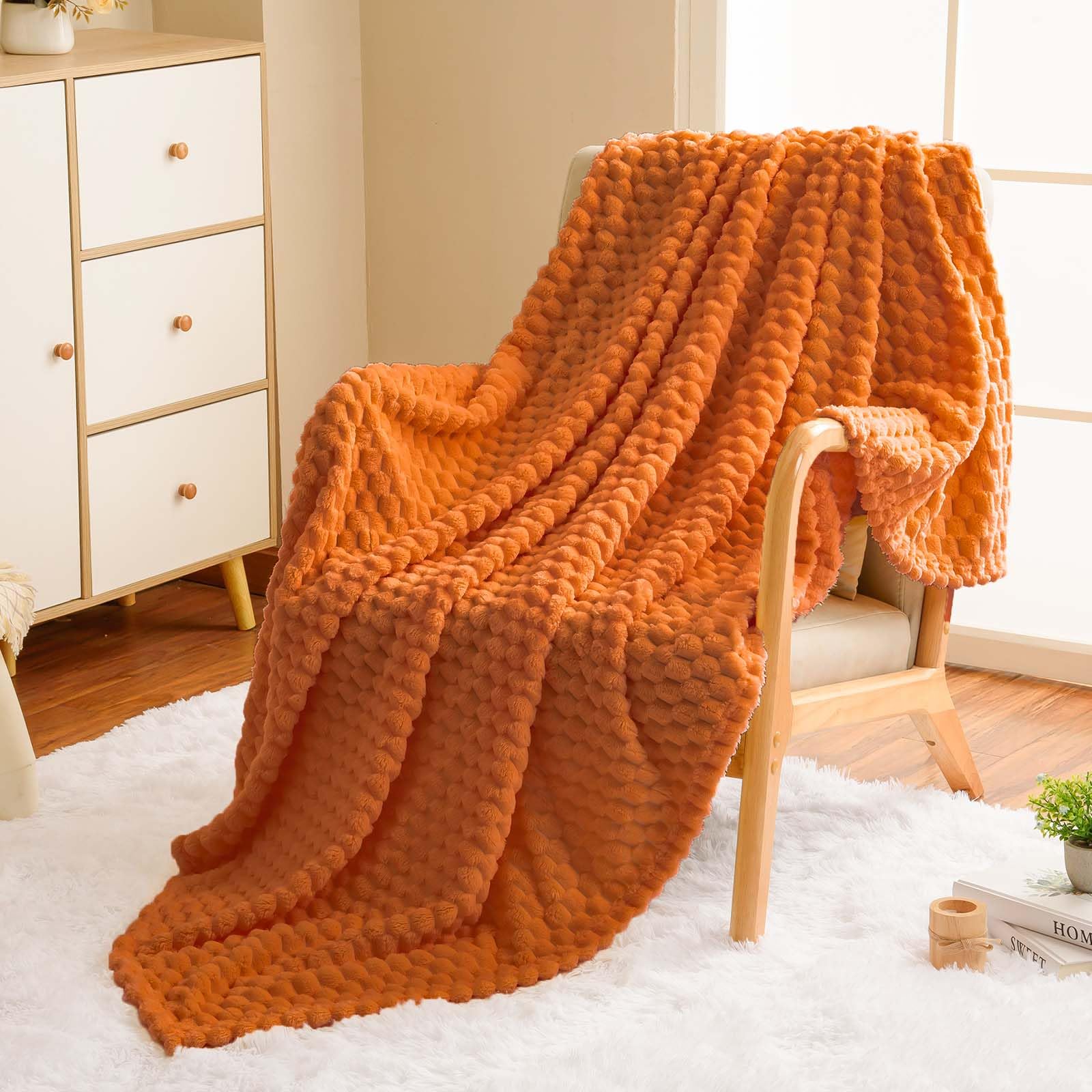 Vessia Flannel Fleece Throw Blanket(50x70 inch), 3D Jacquard Burnt Orange Fuzzy and Warm Blanket for Couch,Sofa,Bed,Chair - Image 2